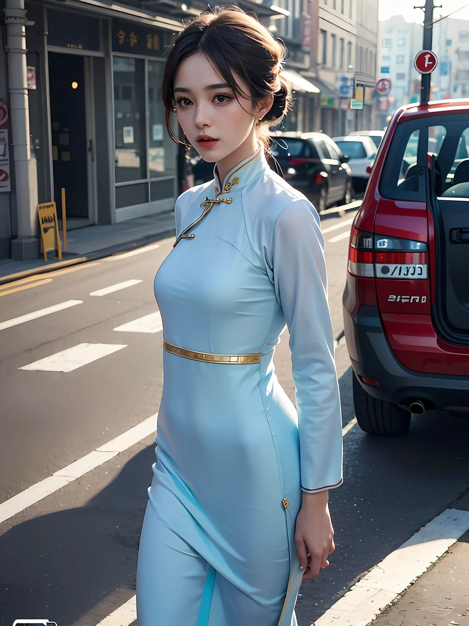 a beautiful girl in vintage colors aodai , masterpiece, best quality, realistic:1.3, street, cyberpunk, sunlight, backlighting, artstation, intricate details, vignette