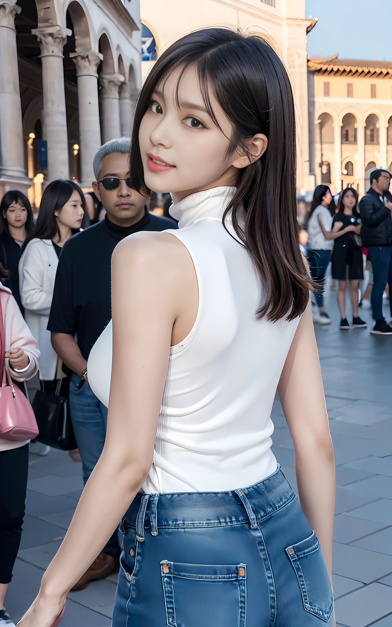 (Mai Shiraishi, white turtleneck, sleeveless, long white dress, denim shot, back shot, rear view, looking forward,(Piazza dei Miracoli background,crowd), navel, arched back, arms up, dark brown very short hair, huge breasts, standing))), (((masterpiece, best quality, highly detailed, absurd, RAW photos, super high resolution)))), highly detailed face and skin texture, detailed eyes, sharp focus, young beautiful girl in Asia, fair skin, real human skin, oval face, pores, gentle and goddess-like eyes, lip gloss, eyelashes, glossy face, wide illumination, natural shadow, small waist, slim body, slight smile, clear facial features, beautiful face, double eyelids, drooping eyes,