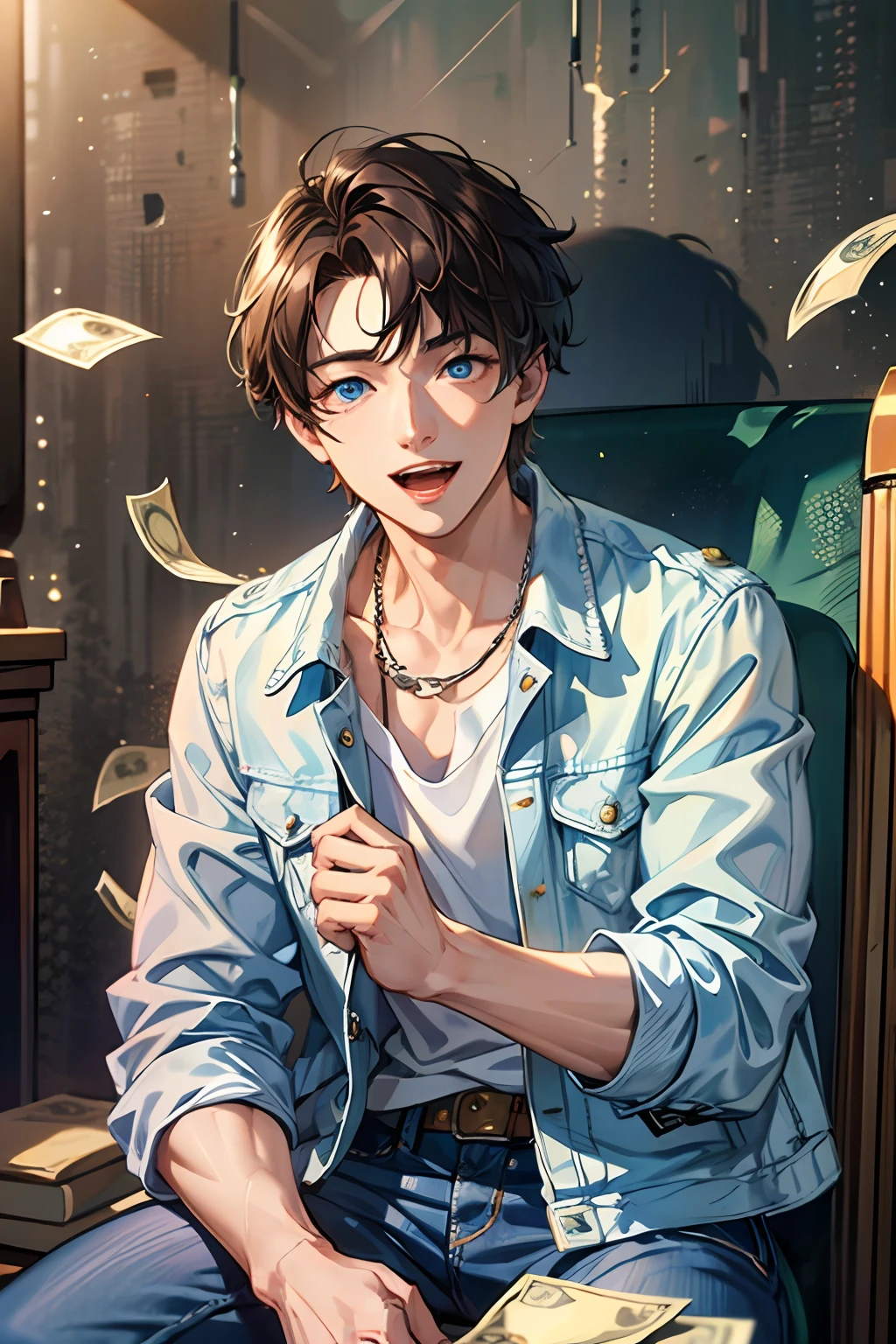 (Ridiculous, High Resolution, Hyperdetail, HDR), Masterpiece, Best Quality, 1boy, Handsome, Short Hair, Fine Eyes and Detailed Face, Blue Eyes, (White T-shirt), (Denim Jacket), Money Dropping, Laughter, Lottery Shop