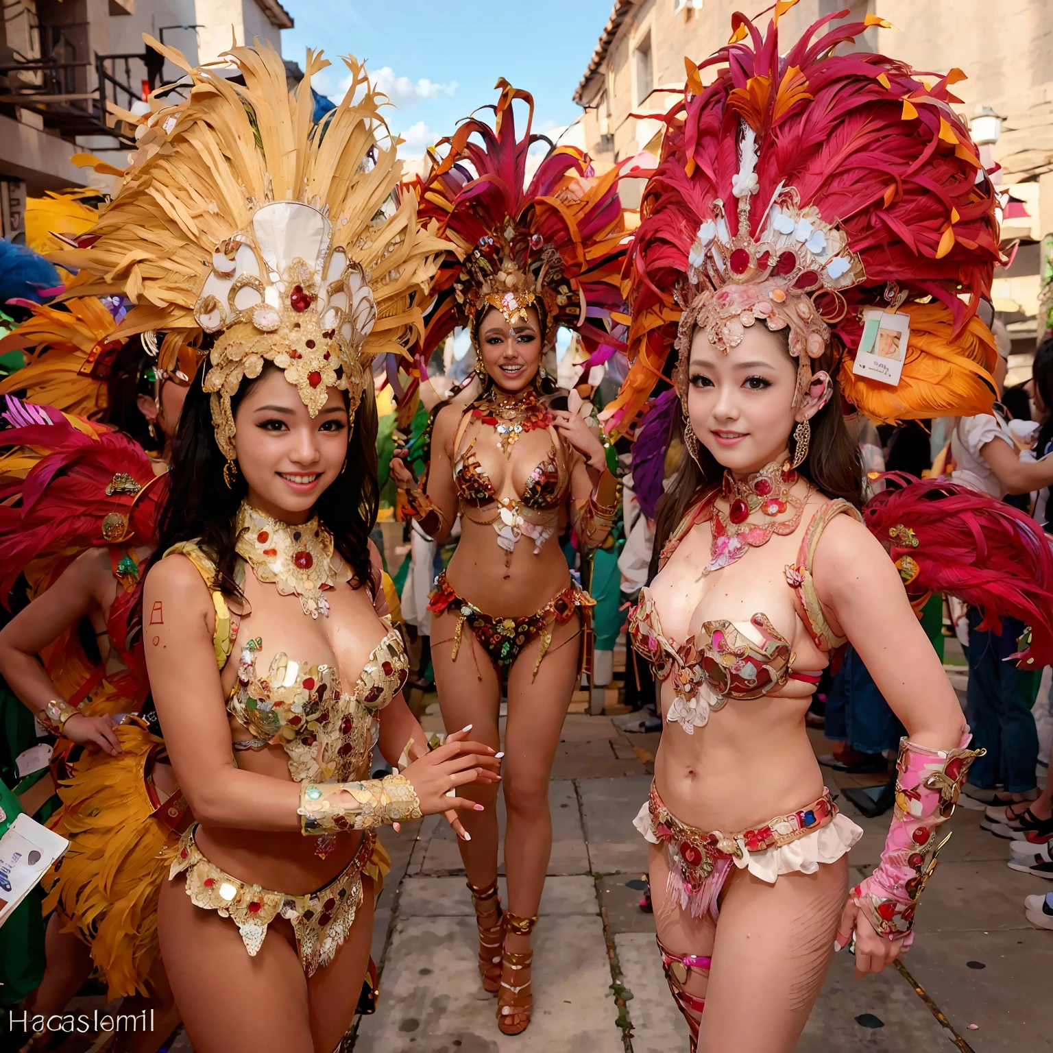 (8k, RAW photos, best quality, masterpiece, : 1.2), (realistic, photorealistic: 1.3), (3girls: 1.3)), (samba dance dress: 1.3), beautiful Japan girl of , woman in carnival, good hands, head: 1.3, (Hasselblad photo)), colorful, bright colors, fine skin, Cute, Smile, Sweat, Sharp Focus, (Movie Lighting), Soft Lighting, [:( Detail Face: 1.2): 0.2], Medium Breasts, Ultra High Resolution, Physically Based Rendering, Cinematic Lighting, Dynamic Angle
