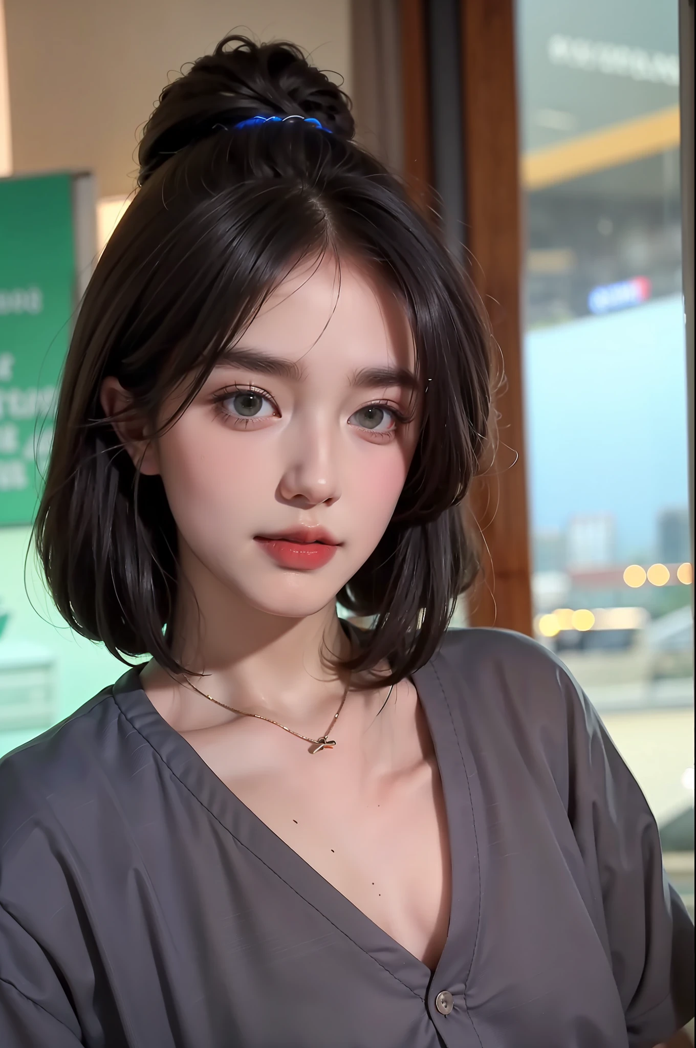 (absurd, hd, super detailed), (1 male, single, adult, mature: 1.4, age: 1.4, tall, handsome), fine eye and face portrayal, extremely short hair, black hair, hair oil, distinct hair, green eyes, (pointed chin: 1.4, thick neck: 1.4, thick eyebrows: 1.4), BREAK, night, dark, night view of the city through large windows, shirt, suit, break, upper body,