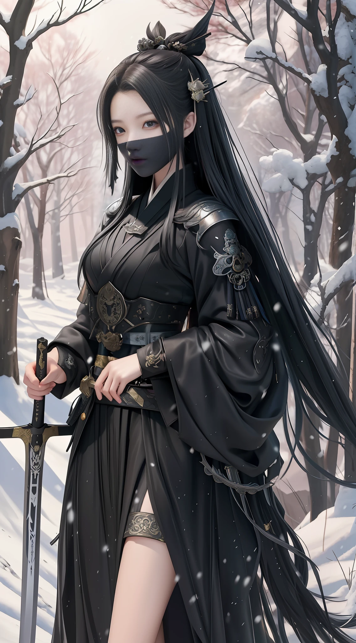 anime girl in black dress holding a sword in a snowy forest, she is holding a sword, by Yang J, she is holding a katana sword, dark fantasy style art, epic exquisite character art, dark fantasy style, beautiful character painting, very beautiful cyberpunk samurai, holding a sword on her shoulder, holds a black sword