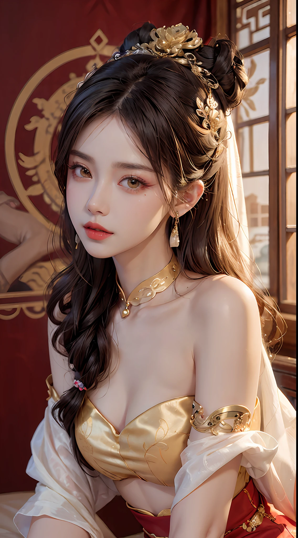 (RAW, Best Quality), Realistic, (Photorealistic Real: 1.3), Best Quality, High Detail, Masterpiece, Extremely detailed, Illustration, 1 25 year old goddess, upper body, Angle animated, mess_long_hair, best quality, 8k wallpaper, extremely detailed Dunhuang uniforms, ink, amazing, cinematic lighting, lens_flare, Dunhuang style tunic, sexy, crop top, bone delicate blows, Patterned socks, Gold patterns all over, an ancient goddess wearing a hanfu-style silk ao dai, silk tulle clothes, (Dunhuang style: 1.8) (Dunhuang fantasy landscape: 1.8 ), beautiful old face and extremely meticulous makeup, smooth pink and white skin, flawless soft skin, thin black eyebrows, meticulous eye makeup, big yellow eyes, eye makeup glitter, high nose, bun, hair brooch, jewelry on head and neck, big and round breasts, chubby, red lipstick, sweet little lips, bracelets on wrists, jewelry on goddess ao dai , the small tattoo on the forehead of the goddess,