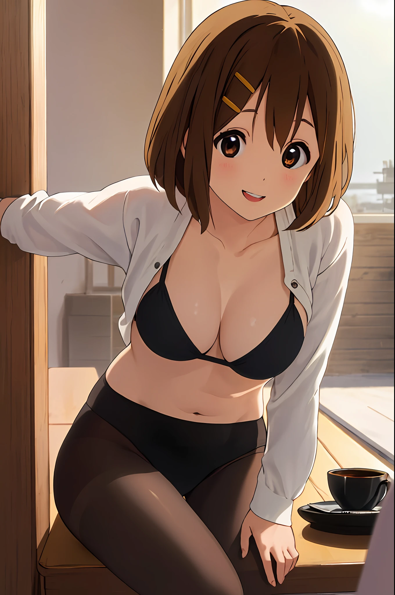 (best quality, masterpiece, high resolution:1.4), 
(1girl, solo, Yui Hirasawa), (black crop bikini, pantyhose:1.2),
sitting at table with open legs, cup of coffee, smile,
caf, windows, sunshine, 
volumetric lighting, radiosity, perfectionism, post processing, vibrant, max detail, insanely detailed,