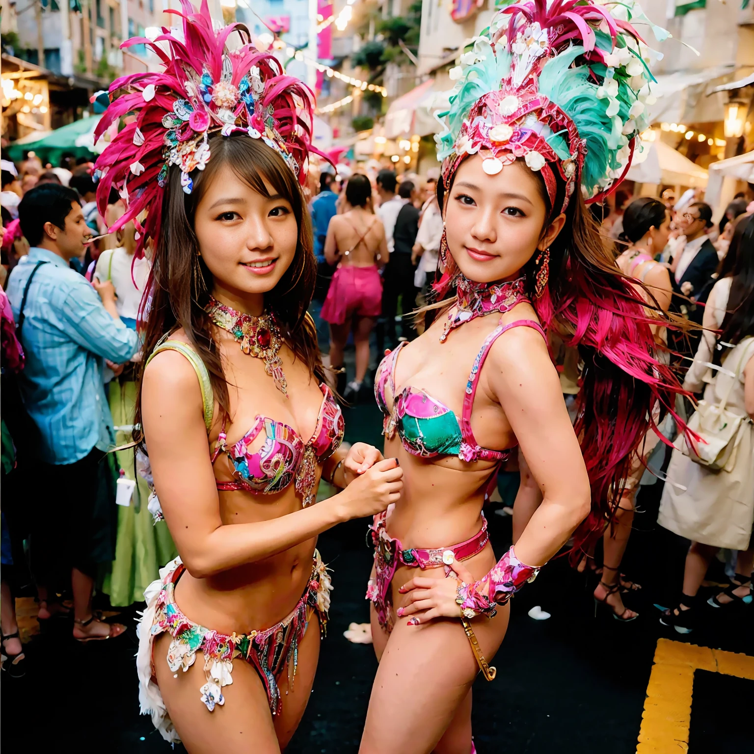 (8k, RAW photos, best quality, masterpiece, : 1.2), (realistic, photorealistic: 1.3), (3girls: 1.3)), (samba dance dress: 1.3), beautiful Japan girl of 17 years old, woman in carnival, good hands, head: 1.3, (Hasselblad photo)), colorful, bright colors, fine skin, Cute, Smile, Sweat, Sharp Focus, (Movie Lighting), Soft Lighting, [:( Detail Face: 1.2): 0.2], Medium Breasts, Ultra High Resolution, Physically Based Rendering, Cinematic Lighting, Dynamic Angle