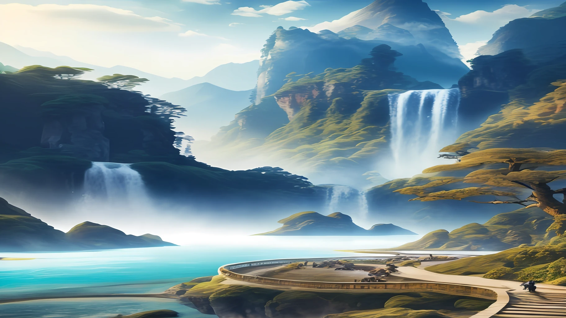 Chinese ancient times, spring, jungle, lake, cave, waterfall, tree, meadow, rock, deer, hot spring, water vapor, (illustration: 1.0), epic composition, realistic lighting, HD details, masterpiece, best quality, (very detailed CG unified 8k wallpaper)