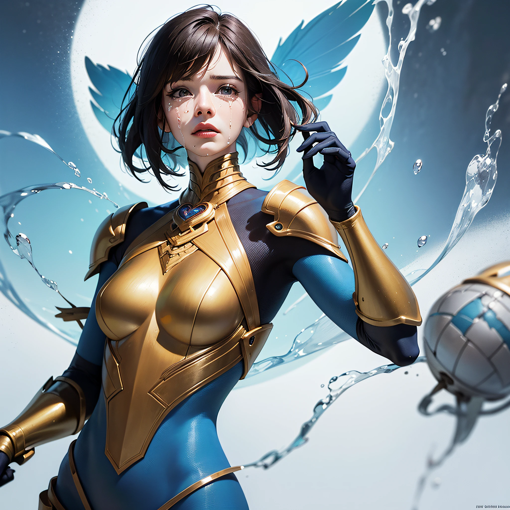 ((Top Quality)), (((Masterpiece)), ((Realistic)) , earth_spirit, melting_heart, . Tearful cyborg, full body, blue glossy body, no background, masterpiece, realistic, live-action, top quality, --auto