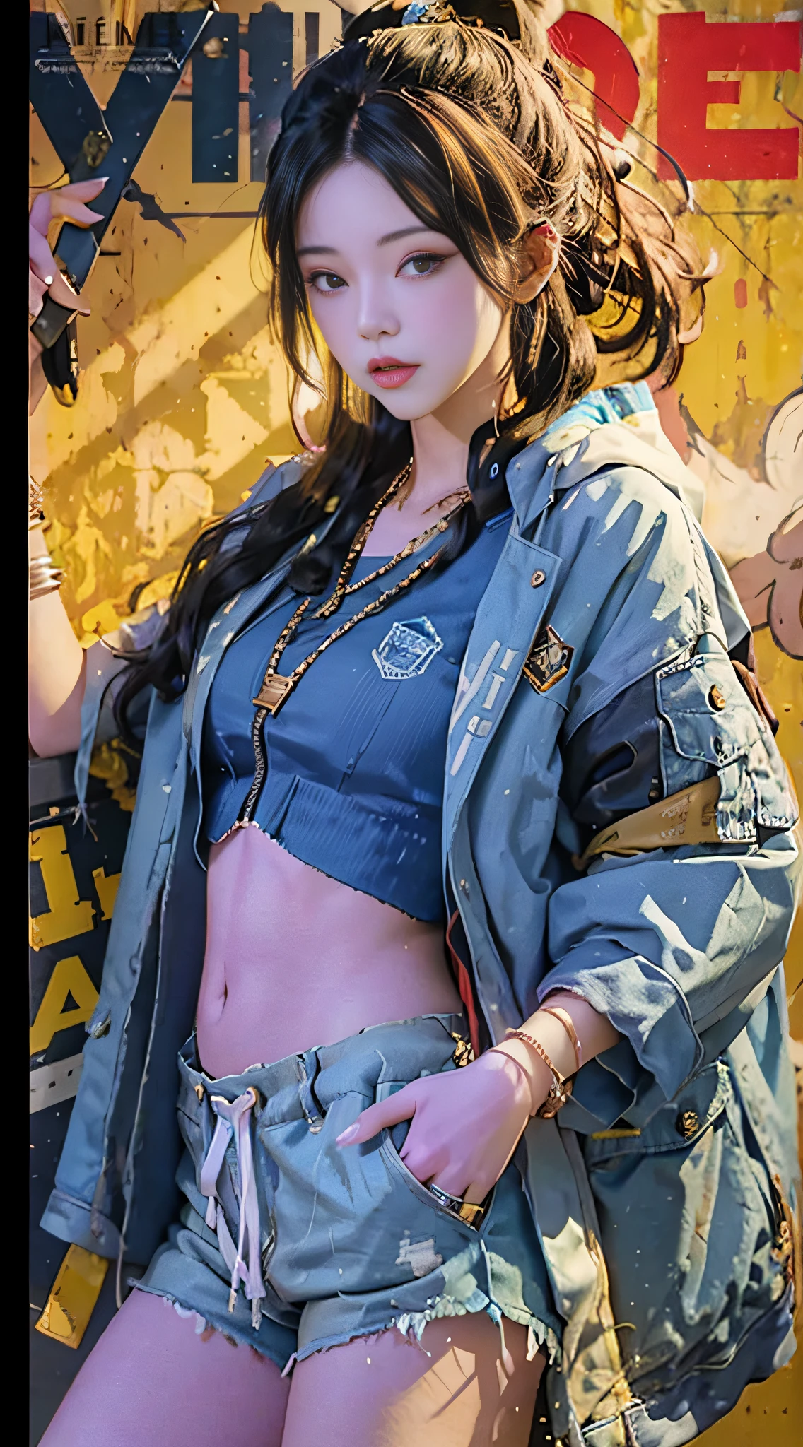 ((magazine cover)) close-up of a woman in a blue jacket and shorts, she is wearing streetwear,