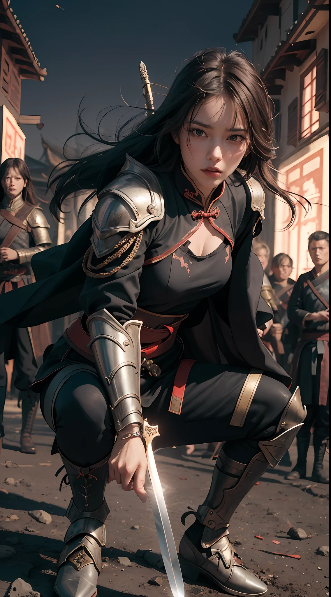 (Positive Focus), (In the Dark: 1), (Best Quality), (Realisticity: 1), Realistic skin texture, highly detailed, 8k wallpaper, volumetric lighting, dynamic lighting, a girl, black robe, red belt, a small amount of armor, shoulder armor, waist protection, hand guards, veiling, holding a short sword in front of you, ancient Chinese wind, escape action, running, escaping, being chased, short sword at the waist, half-squatting attack posture, blood stains, clothes are torn, ancient Chinese battlefield, a group of ancient soldiers chasing and killing, arrows flying, War, night, dramatic composition,