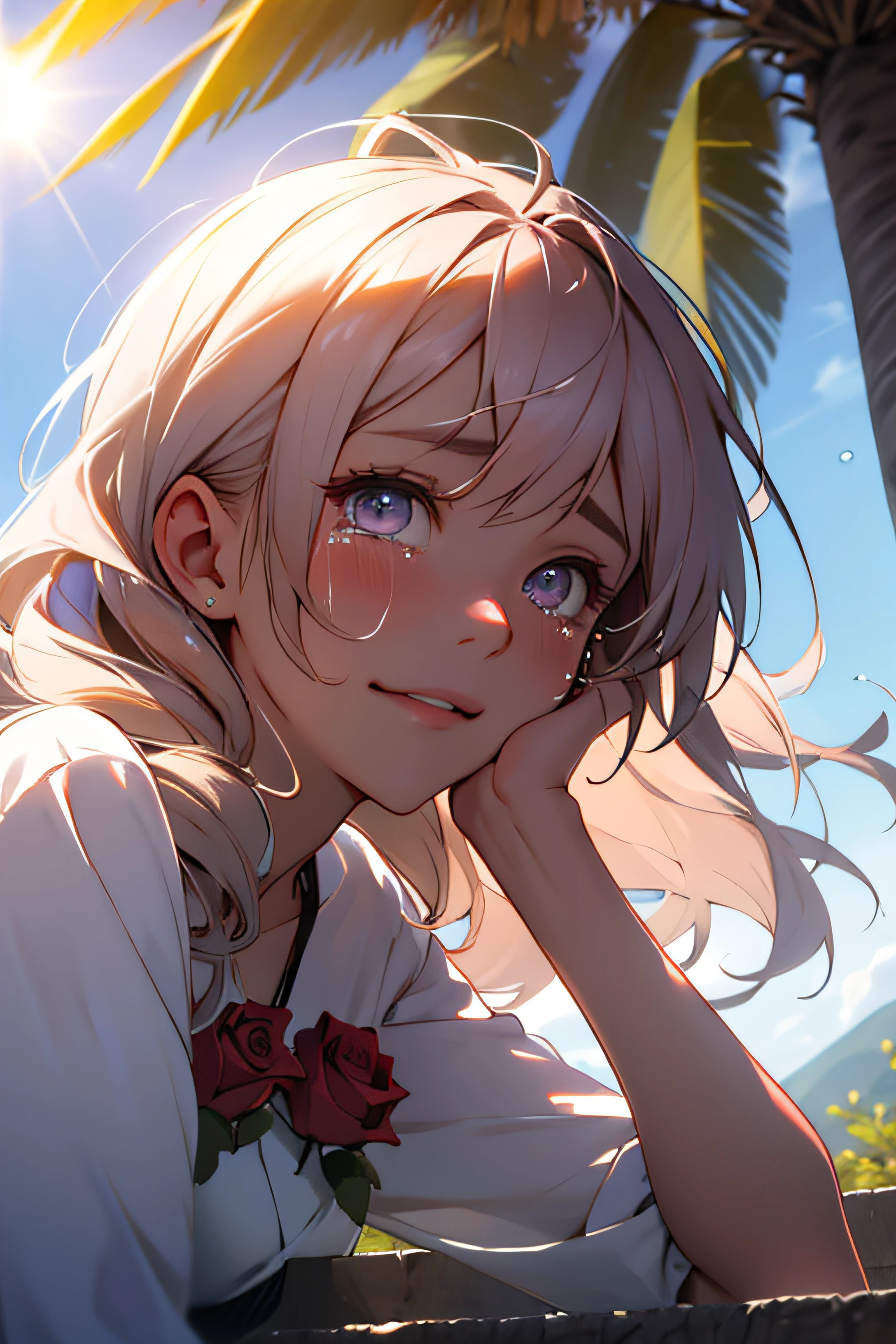 A girl, rose, the sun shining on her face, tears