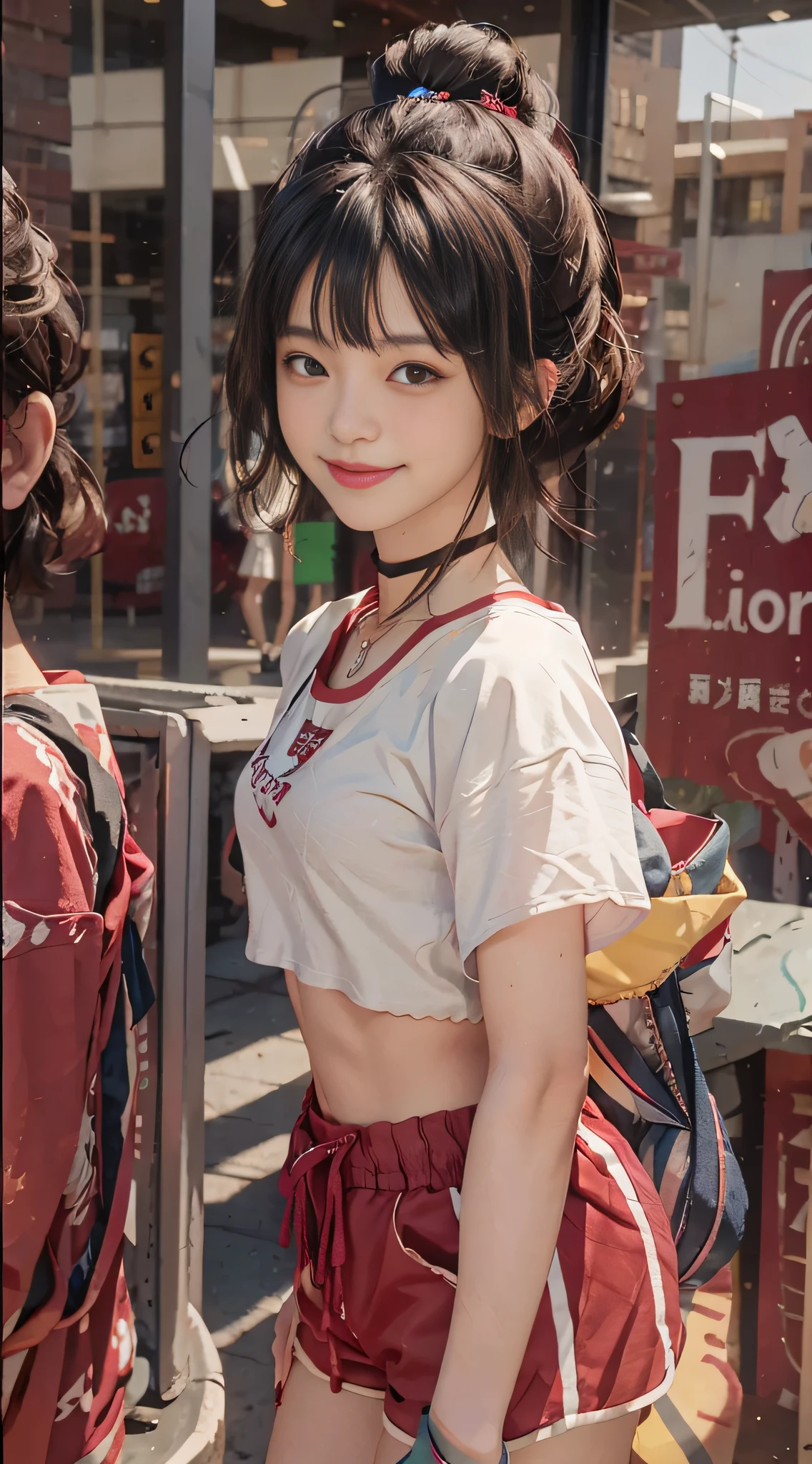 VirtualGirl-Rin, happy, smile, (small breasts), bangs, bobo head, short hair, brown hair, brown eyes, black choker, college student, female student, white high school sportswear, red sports shorts, sneakers,