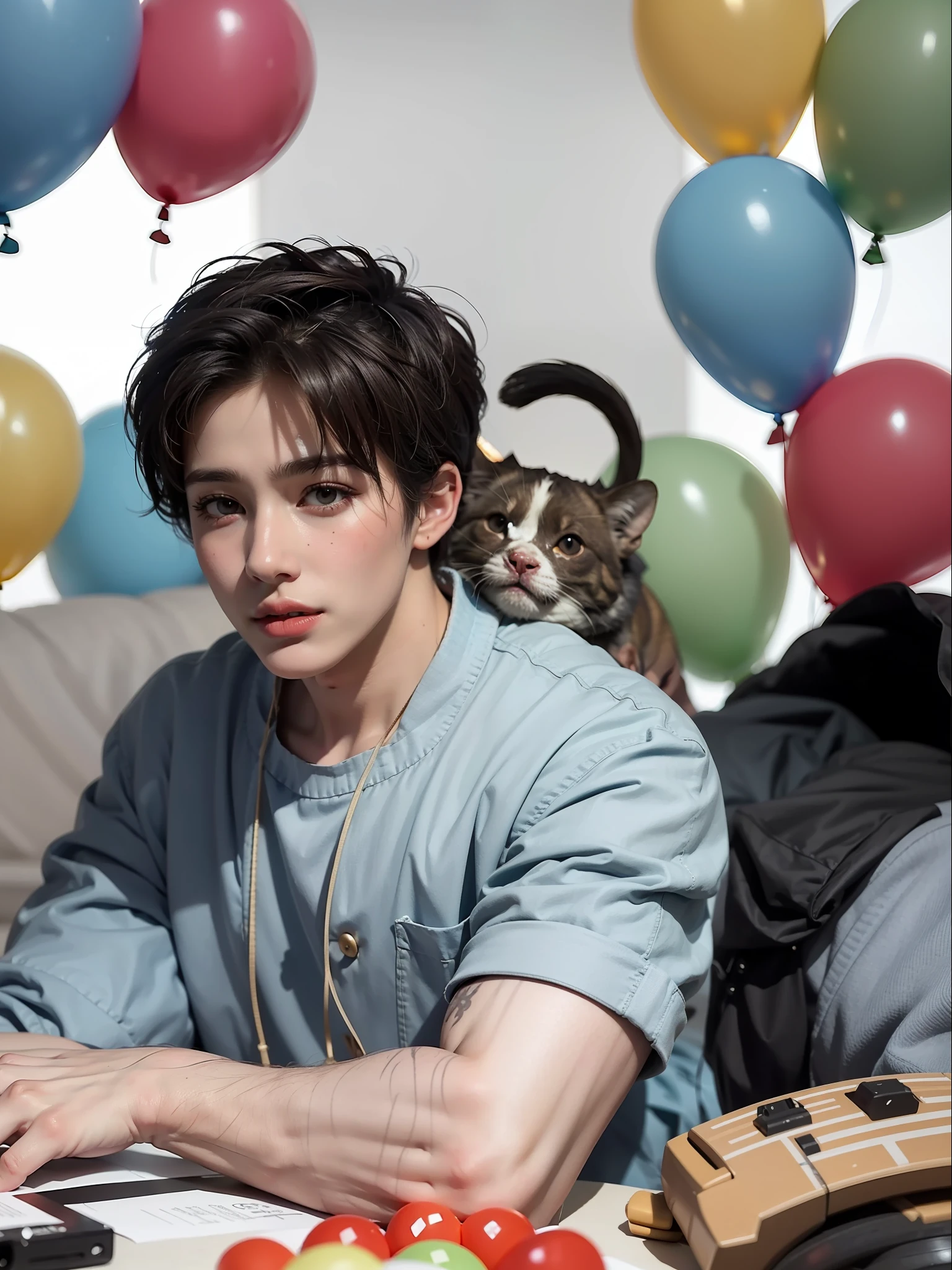 Boy, Zoo, Lots of Balloons, Happiness, Happiness, Perfect Quality, Clear Focus (Untidy - Home: 0.8), (Masterpiece: 1.2) (Realistic: 1.2) (Bokeh) (Top Quality) (Detail Skin: 1.3) (Intricate Details) (8K) (Detail Eye) (Sharp Focus), (Happy) Full Body, Clean Background, Long Field of View Composition, 85MM Shot, Muscles, Masculine