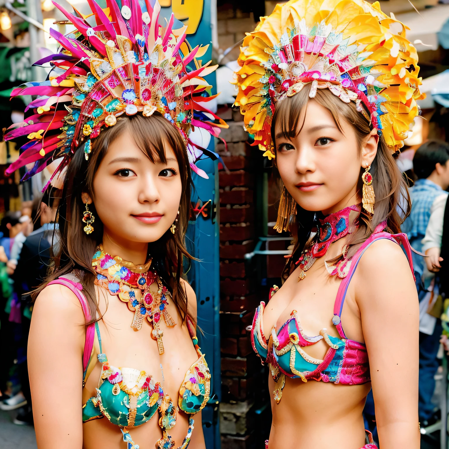 (8k, RAW photos, best quality, masterpiece, : 1.2), (realistic, photorealistic: 1.3), (3girls: 1.3)), (samba dance dress: 1.3), beautiful Japan girl of , woman in carnival, good hands, head: 1.3, (Hasselblad photo)), colorful, bright colors, fine skin, Cute, Smile, Sweat, Sharp Focus, (Movie Lighting), Soft Lighting, [:( Detail Face: 1.2): 0.2], Medium Breasts, Ultra High Resolution, Physically Based Rendering, Cinematic Lighting, Dynamic Angle