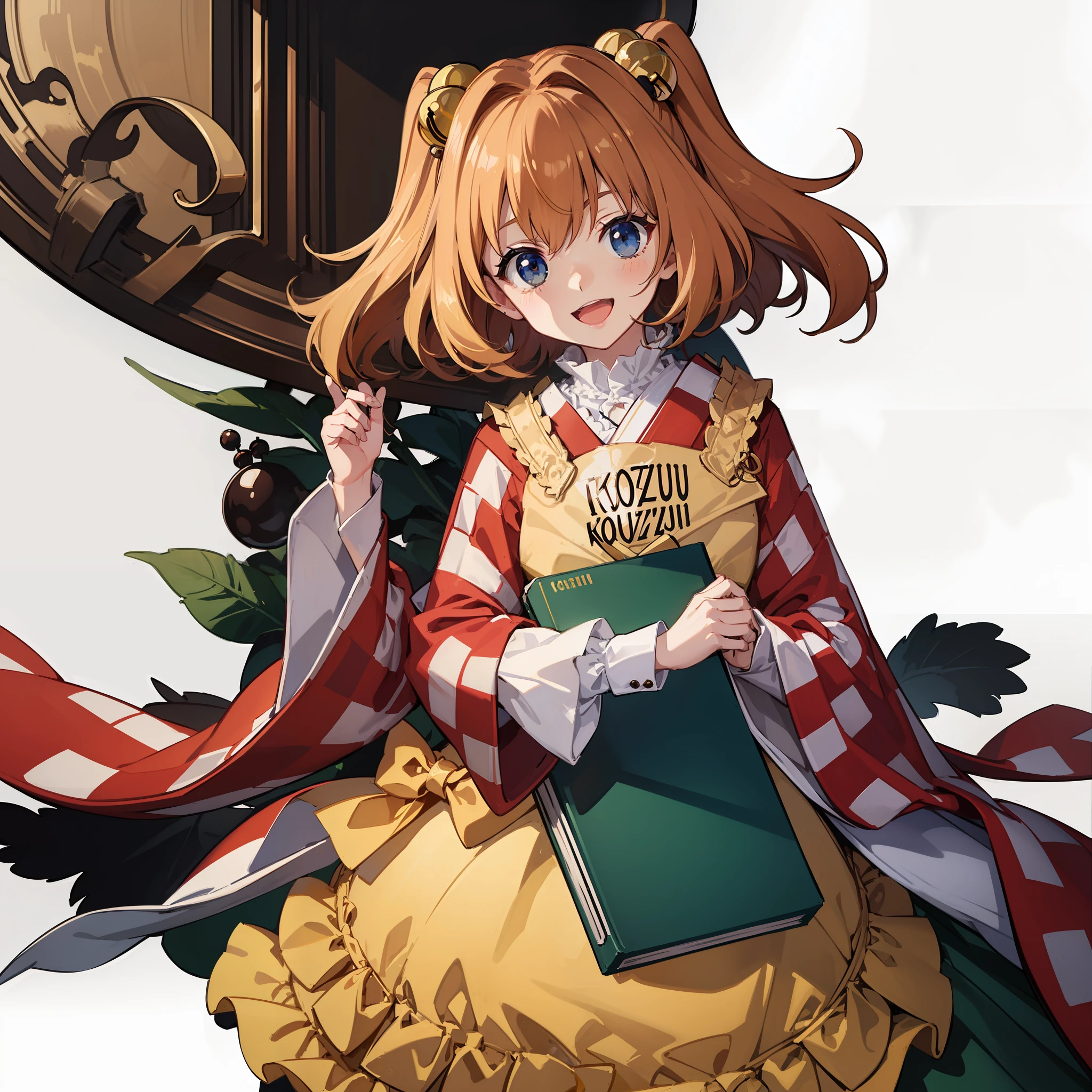 a woman holding some books with a wide smile on her face, a white background, 1girl, motoori kosuzu, solo, hair ornament, book, hair bell, bell, open mouth, kimono, japanese clothes, white background, two side up, apron, looking at viewer, smile, book stack, simple background, wide sleeves, checkered clothes, long sleeves, frills