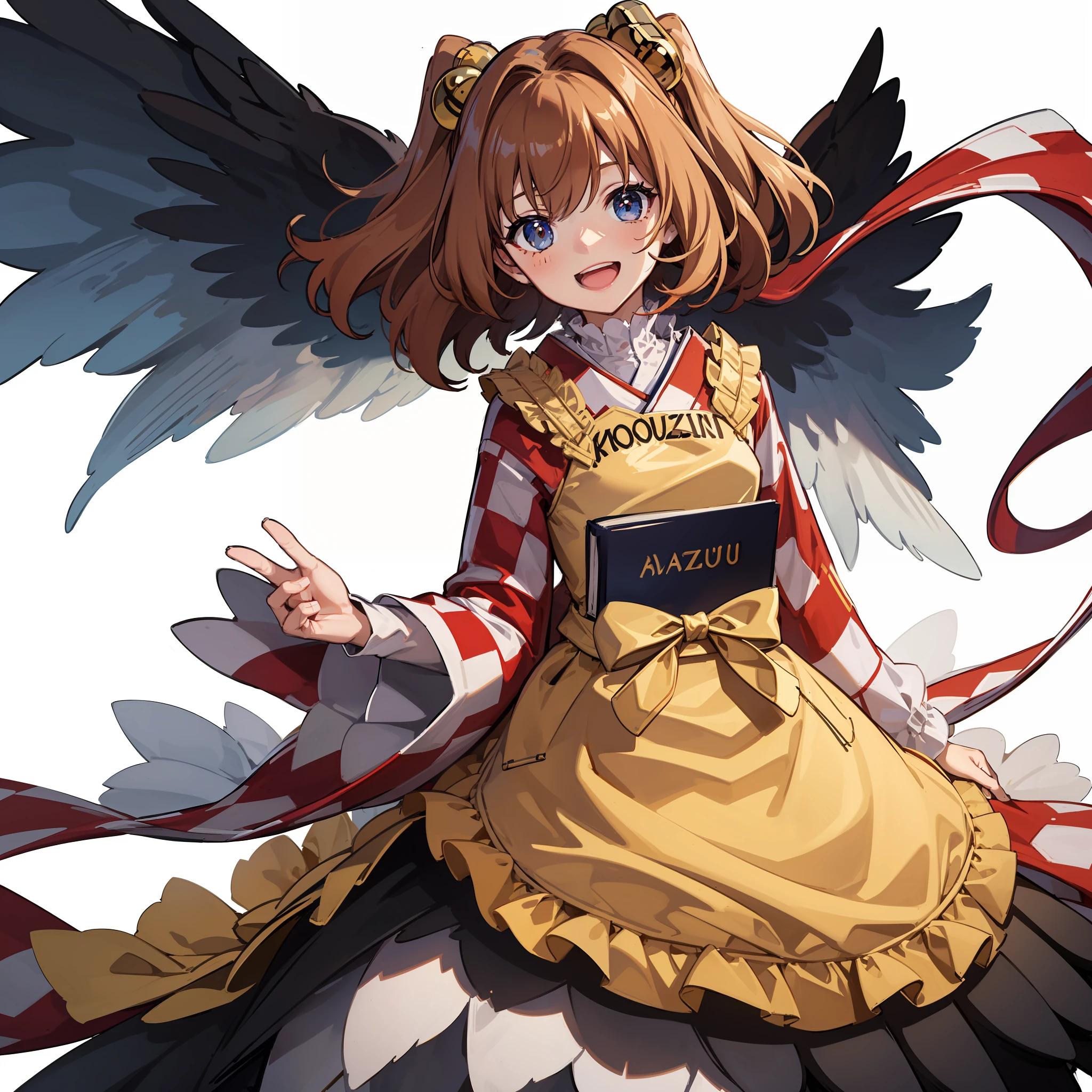a woman holding some books with a wide smile on her face, a white background, 1girl, motoori kosuzu, solo, hair ornament, book, hair bell, bell, open mouth, kimono, japanese clothes, white background, two side up, apron, looking at viewer, smile, book stack, simple background, wide sleeves, checkered clothes, long sleeves, frills