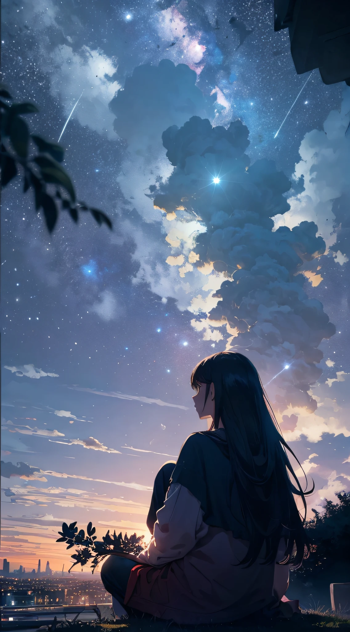 octans, sky, star (sky), scenery, starry sky, night, 1girl, night sky, solo, outdoors, building, cloud, milky way, sitting, tree, long hair, city, silhouette, cityscape