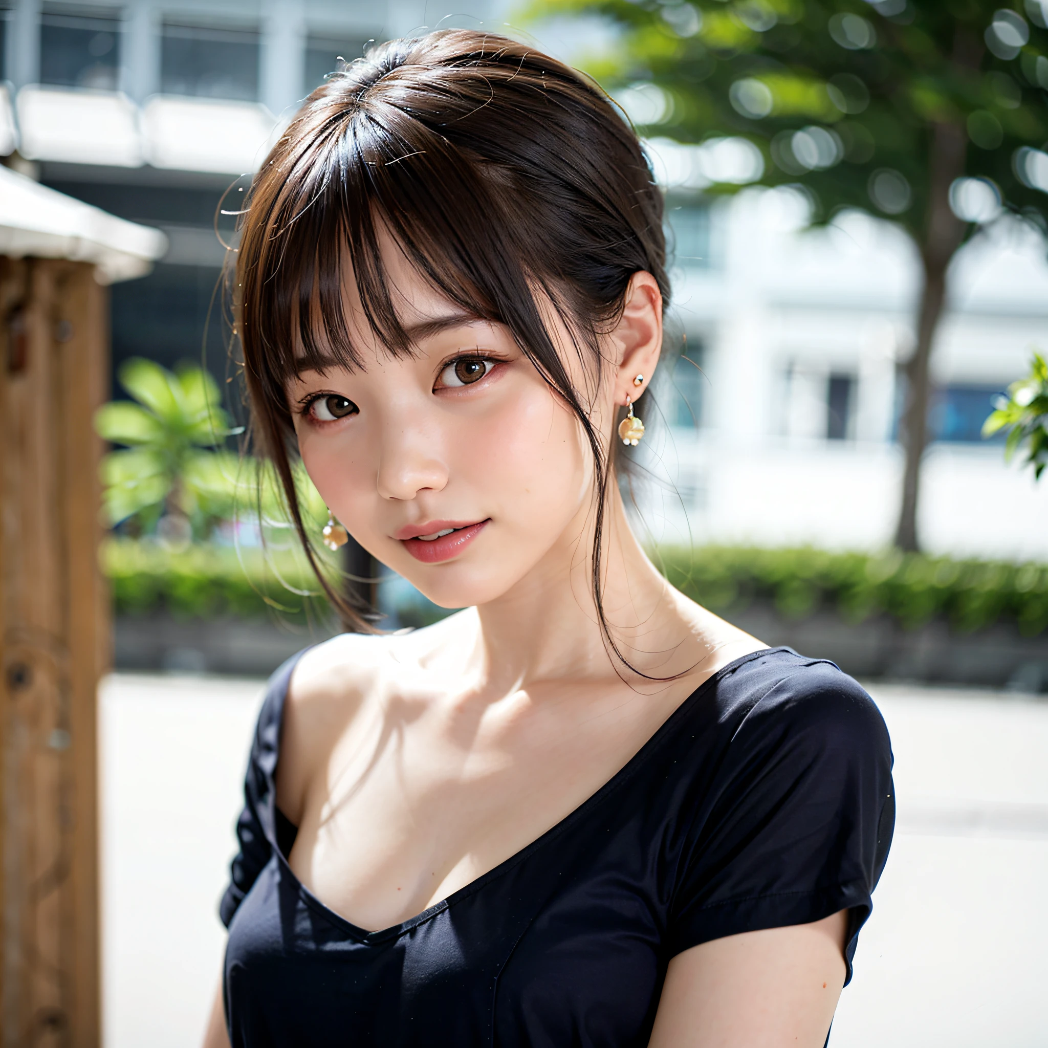 Women 1, top quality, 1 girl, big breasts, sun, bright, blurred background, bokeh, outdoor, (street: 0.8), (people, crowd: 1), shirt with rough collar, shirt with open chest, gorgeous (very short hair, forehead: 1.2), sagging eyes, beautiful sky with details, earrings, (whole body 1:1), soft lighting, wind, shiny skin, biting,