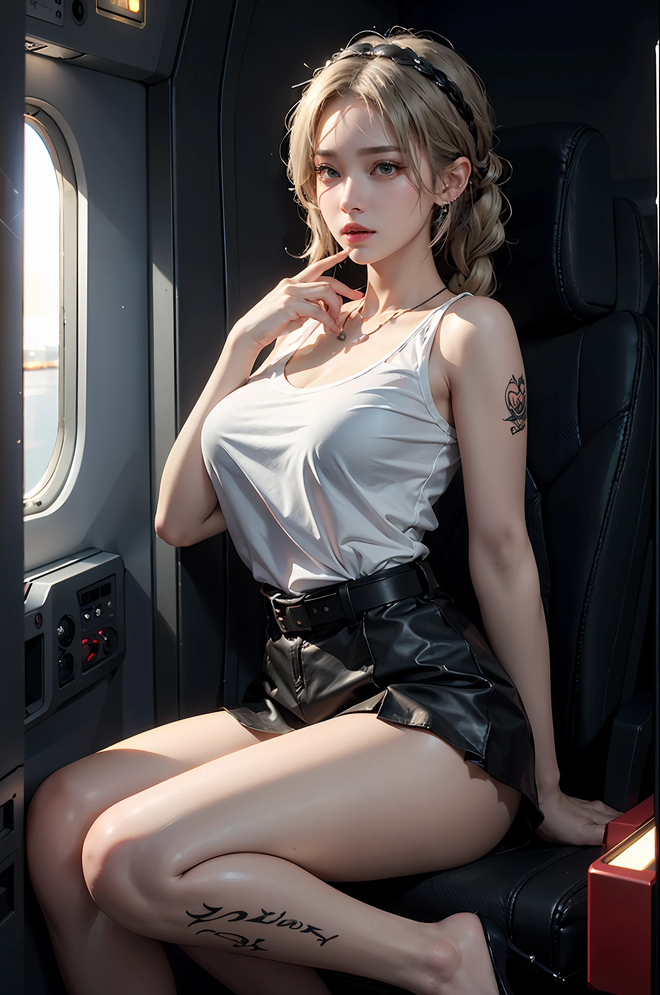 A girl in the cabin of an airplane, green eyes, red face, slightly open lips, soaked body, face and mouth with visibly translucent white liquid, plump and symmetrical breasts, raised buttocks, sports shirt, black-gray pleated skirt, black suspender stockings, silver high heels, blonde hair, various braid hairstyles, headdresses, earrings, necklaces, belts, tattoos, cabin, aircraft interior background, chest close-up, buttocks close-up, water drop effect, liquid effect, HDR (High Dynamic Range), ray tracing, NVIDIA RTX, Super Resolution, Unreal 5, Subsurface Scattering, PBR Textures, Post Processing, Anisotropic Filtering, Depth of Field ,Maximum Clarity and Acutance, Multilayer Textures, Albedo and Highlight Mapping, Surface Shading, Accurate Simulation of Light-Material Interactions, Octane Rendering, Twotone Lighting, Low ISO, White Balance, Rule of Thirds, Large Aperture, 8K RAW, High Efficiency Sub-Pixel, Subpixel Convolution, (Glow Particle: 1.4), {{Masterpiece, Best Quality, Extremely Detailed CG, Unity 8k wallpaper, 3D, Film lighting, Lens flares}},