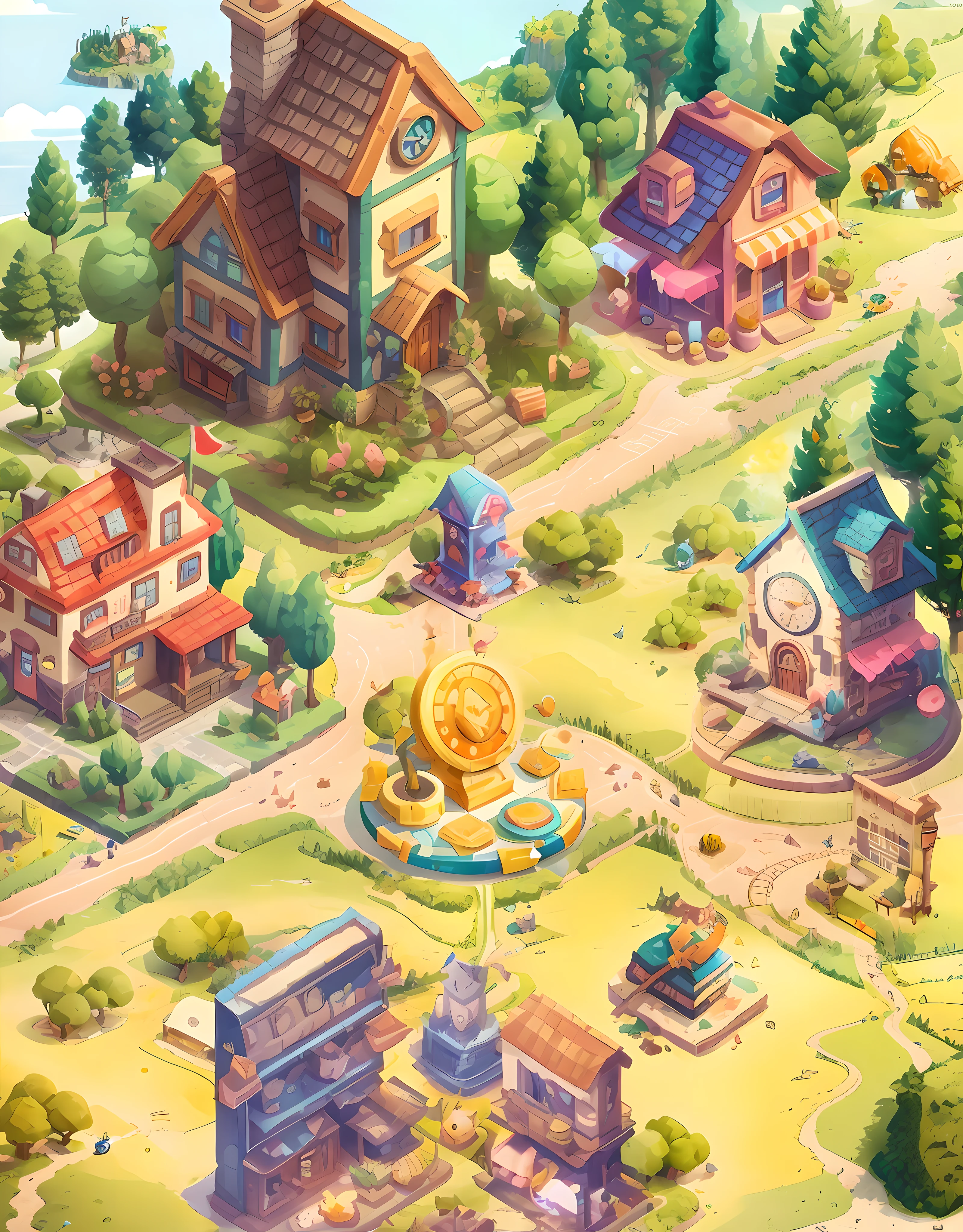 cartoon town with clock tower, town center background, mobile game background, detailed game art illustration, mobile game art, town background, bustling magical town, game illustration, background artwork, isometric 2D game art, isometric game art, fantasy town, stylized game art, magic village, detailed game art