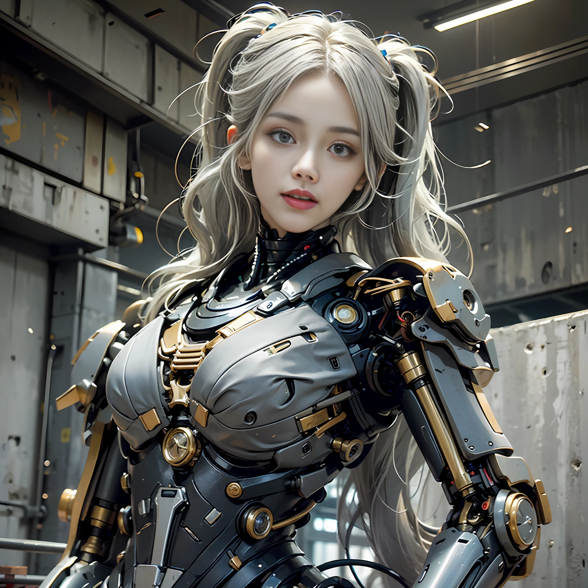 Beautiful Face,face is Japan, 1 Woman, Big, Curvaceous, (16k, RAW photo, top quality, masterpiece: 1.2), (HDR, Realistic, Photorealistic: 1.37) (tube attached to the body), (Bikini Cyborg robot parts)))), (light gray hair), Long hair, Wavy hair, Twin tails, Medium shot, ( Seductive smile)), (black eyes), double eyelids, princess cut, from below, (whole body),posing,,in the lab,( tube connected to blood vessel),((mechanical vertebrae attached to the back)),((mechanical neck attached to the neck)),(wire and cable attached to head and body),(character focus),science fiction,perfect female figure,perfect anatomy, hyperanatomy, full body shot, relationship between up to 4 fingers and 1 thumb, spherical joint,