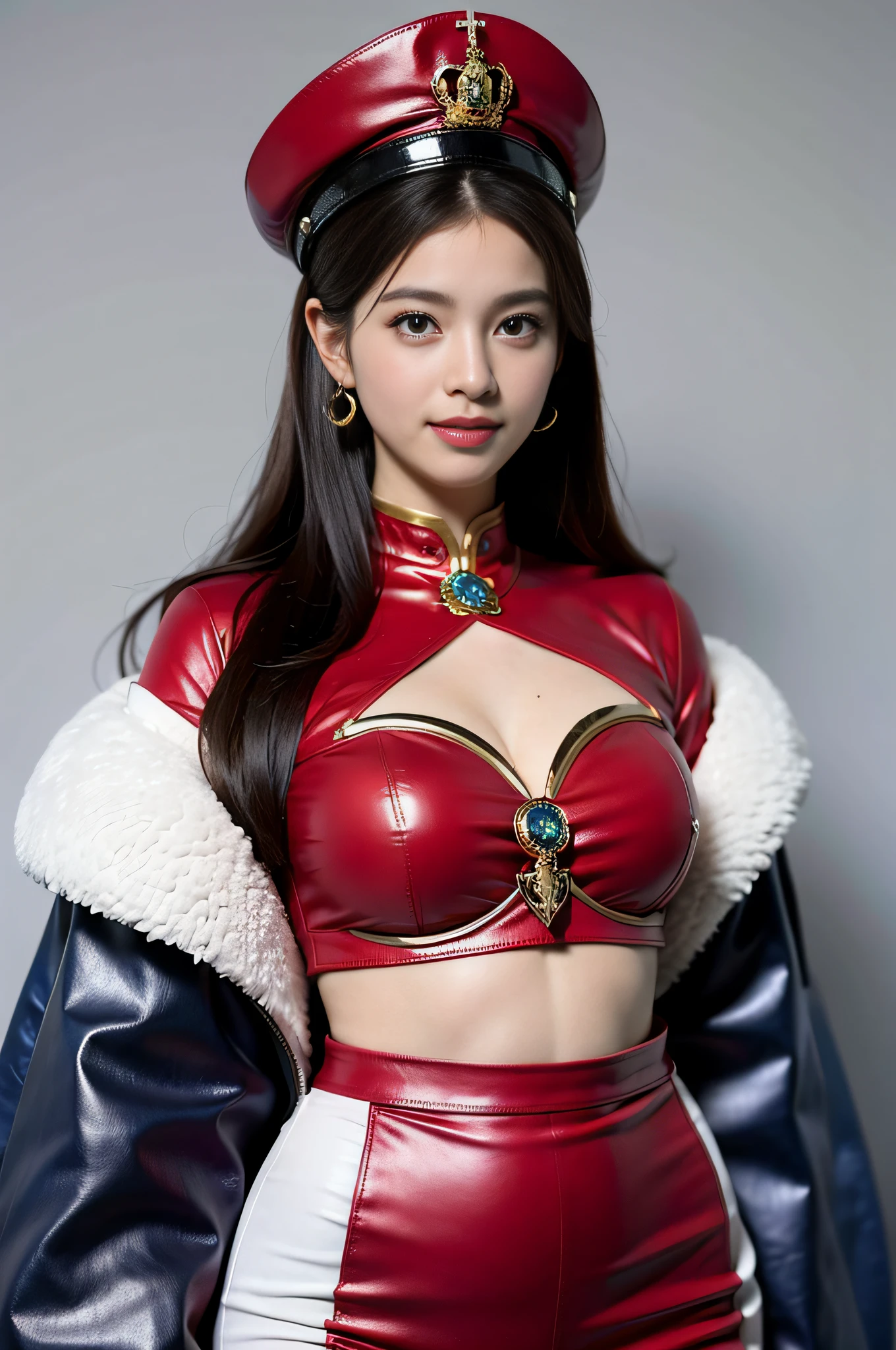 "Top CG, highest quality, smile, delicate and delicate beautiful girl, imperial pope, {{185cm big beauty}}, (tall), royal sister, military lady temperament, holy pope, fair skin, exposed chest, long legs, perfect facial features, bright eyes, officer hat, red lips, beautiful and cold, {{big breasts}}, beautiful and handsome, long blue hair, officer epaulettes, see-through visible skin, {{girl in red army coat}}, super detailed, { Blue lines on clothes}, delicate glowing eyes, crop top, white and blue leather clothing, tight leather clothing, 4K picture quality, urban beauty, modern urban, realistic portrait,