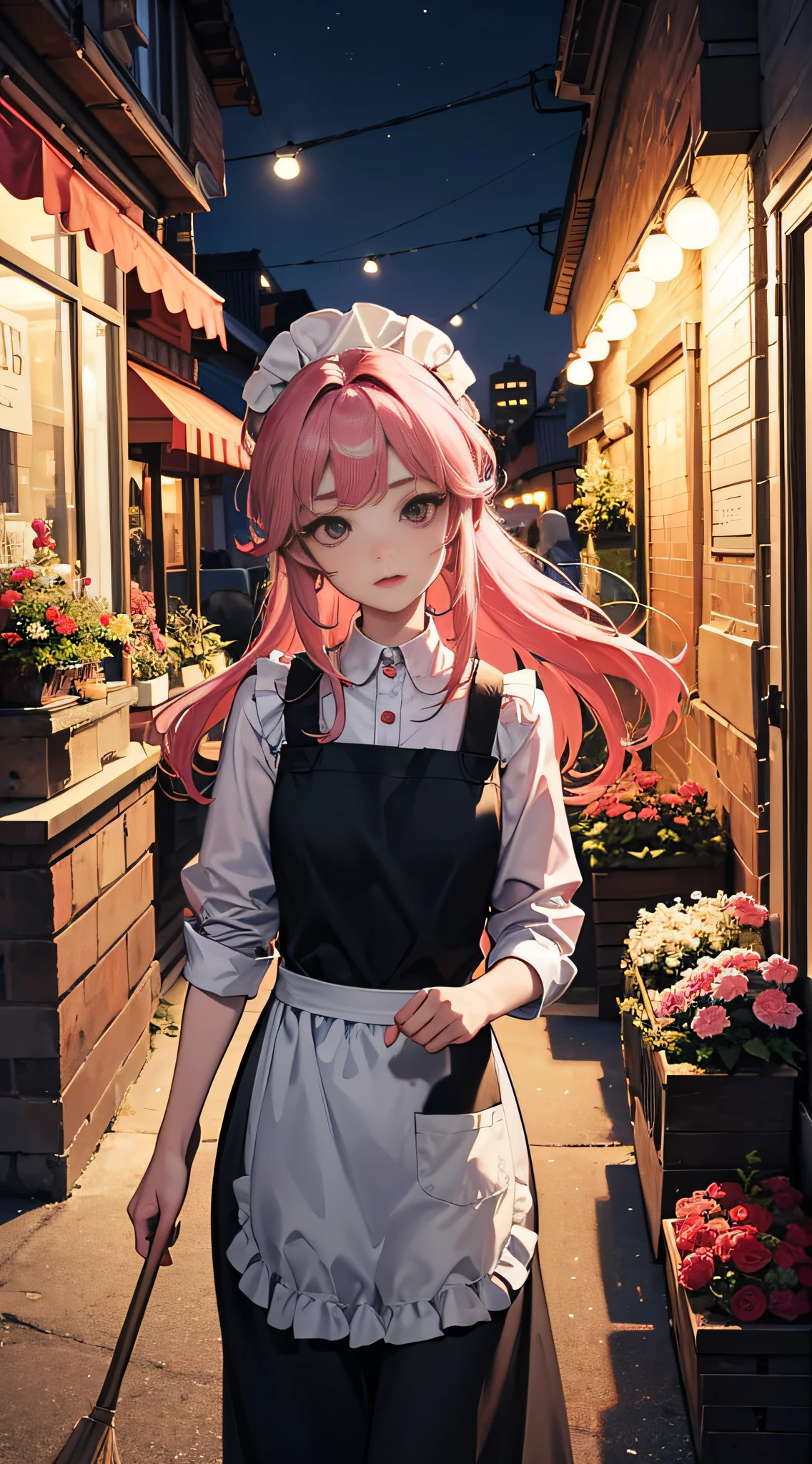 A girl, long pink hair, black eyes, wearing an apron, in front of the flower shop, sweeping action, 9 o'clock at night, side, --auto