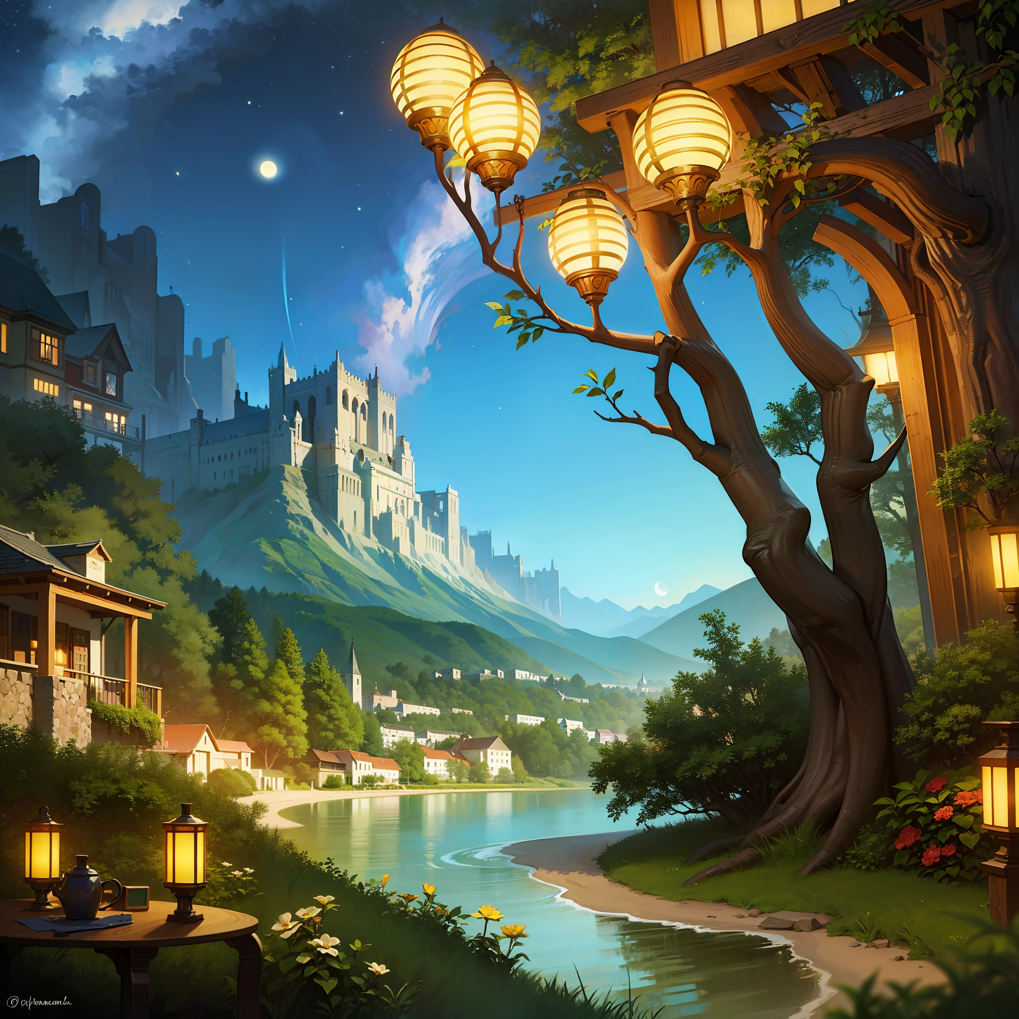 best quality, detailed, landscape, dreamland, fantasy world,night, glowing stars, milky way, cresent moon, yellow lantern, mountain,garden, trees, lake, vegetation, flower, blue, red, yellow, white. no human, no animal