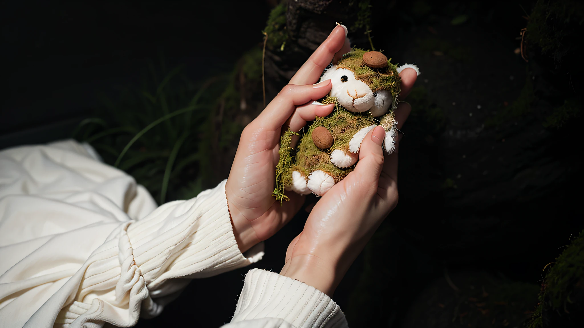 Moss-covered hands cradling a plush toy, bathed in soft and gentle light