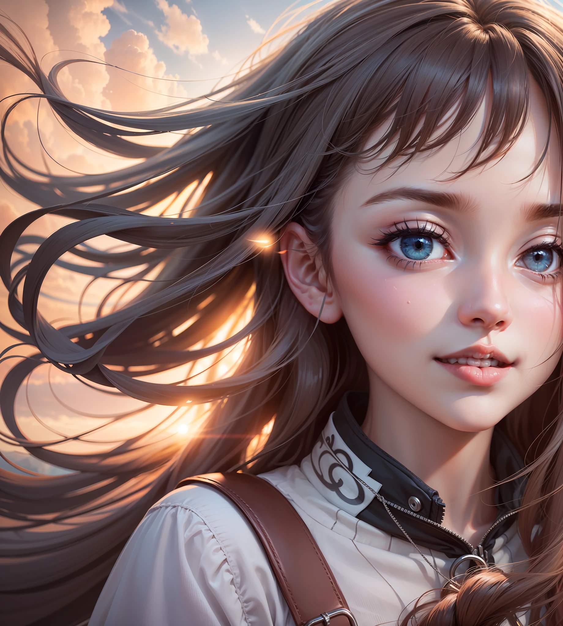 Masterpiece, Best Quality, Movie Photographs, 1Girl, Cloud Girl, Floating in the Sky, Close-up, Bright, Happy, Warm Soft Lights, Sunset, (Brightness: 0.7), Looking Forward
