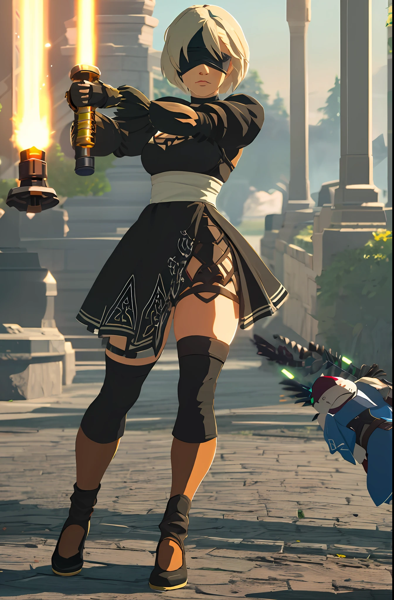 n_2b
blindfold, black blindfold, large breasts  with the power of a holding lightsaber ignites her lightsaber in fencing stance posing ready to fight 
botw style
