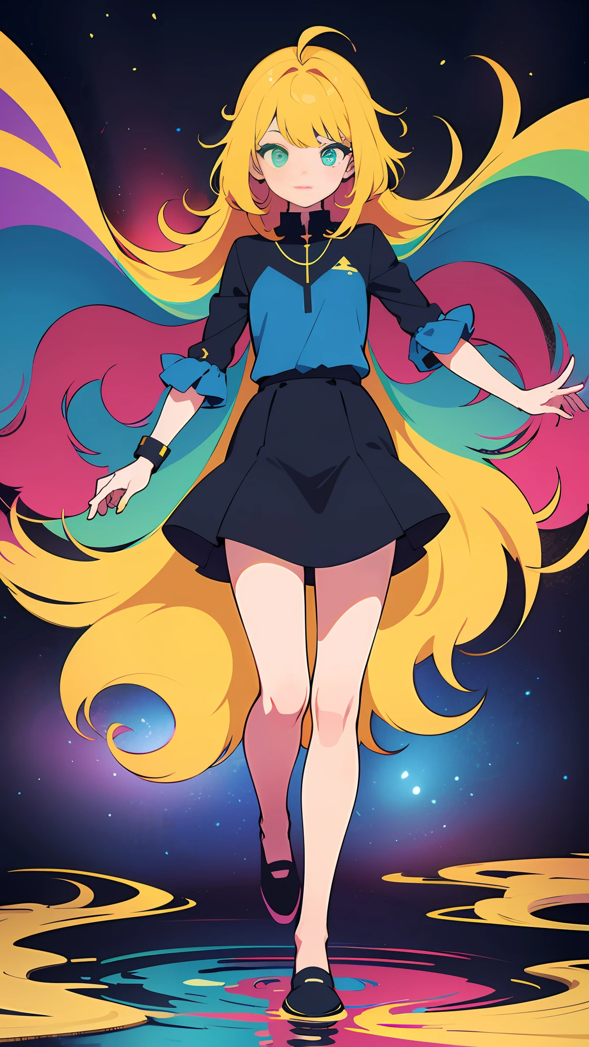 (ultra detailed,ultra high res,detailed background),((2D)),((flat color)),((colorful)),((floating colorful water)),1girl,solo,looking at viewer,BREAK