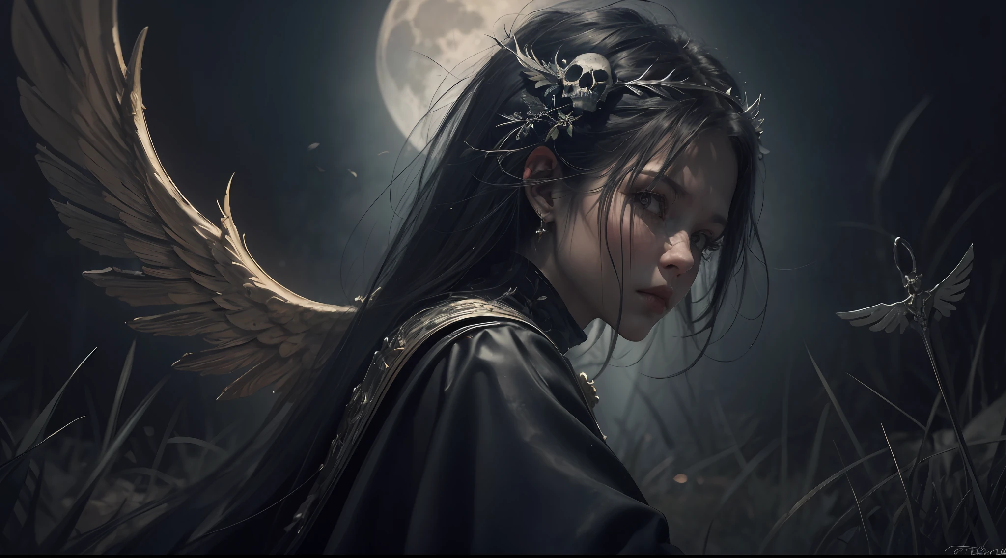 ((Top-notch quality)), ((masterwork)), ((true-to-life)) depiction of a skull moon illuminating the scene. The moon casts an eerie glow on a broken sword lying amidst the darkness. A white-winged angel stands solemnly, her wings stained with blood, signifying a past battle. The atmosphere exudes a sense of oppression and despair, heightened by the shattered halo floating nearby. The artwork showcases intricate details of the skull moon, the angel's feathers, and the broken sword. The color palette consists of deep, rich tones, emphasizing the somber and macabre elements. The medium employed is a canvas oil painting technique, allowing for texture and depth in the image. The final result is a picturesque masterpiece that captures the viewer's imagination and invites contemplation of life, death, and the struggle against darkness. WLOP