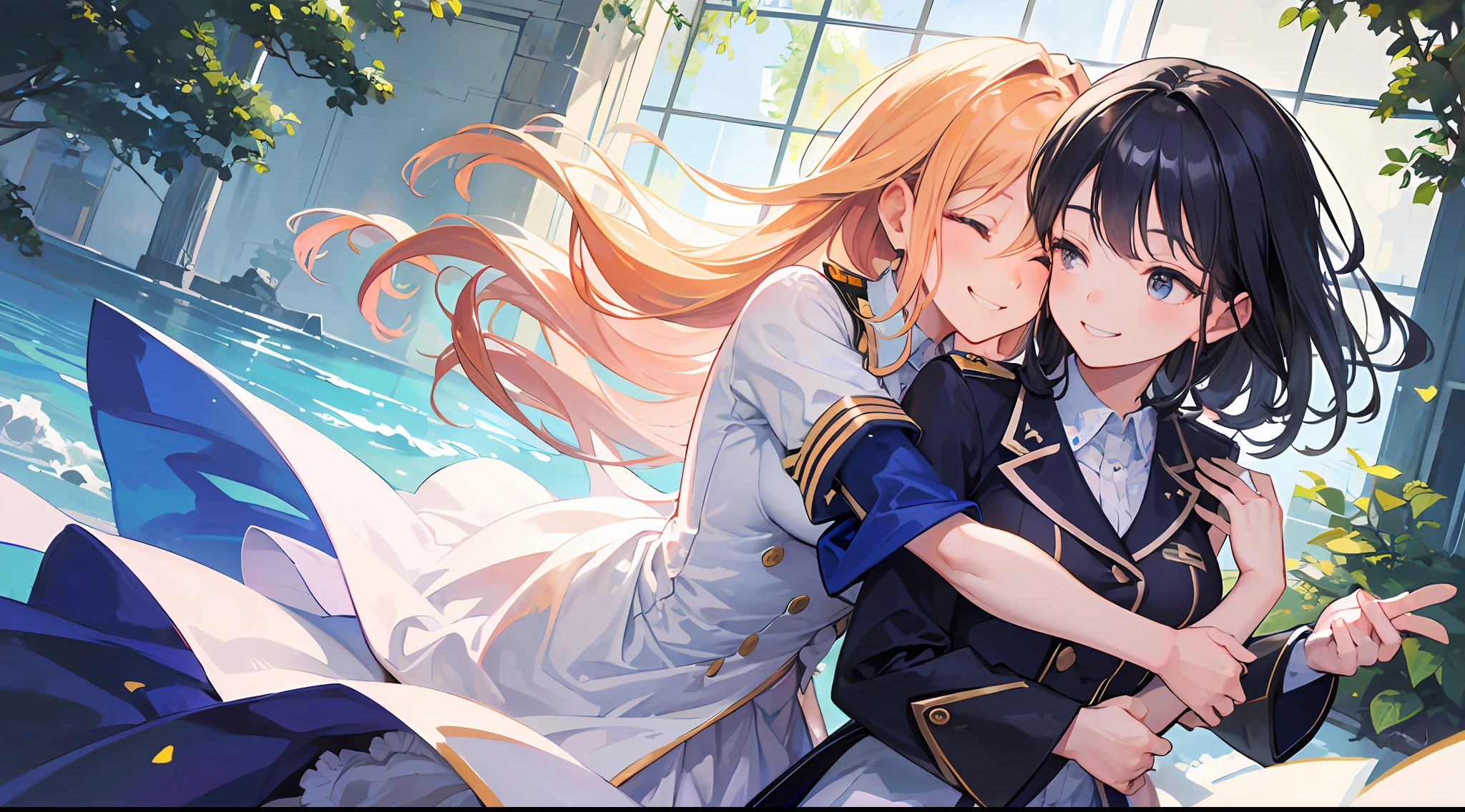 (Grown Women:1.6),(2girls),((Masterpiece: 1.4, Best Quality)),(Ultra Detail)+,(Looking Away:1.8),(Kiss:1.2),(Uniform),(Shirt),(Hugging Back:1.6),Run,Illustration,Close Up,Straight On,(Fluffy Hair:1.2),(Smile:2.3)(Glowing Eyes: 1.233),(Close Eyes:1.2), (Beautifully detailed eyes: 1.1), (Side angle: 1.5), (Natural light), Dreamy, [[Delicate fingers and hands: 0.55]::0.85], (Detailed fingers)