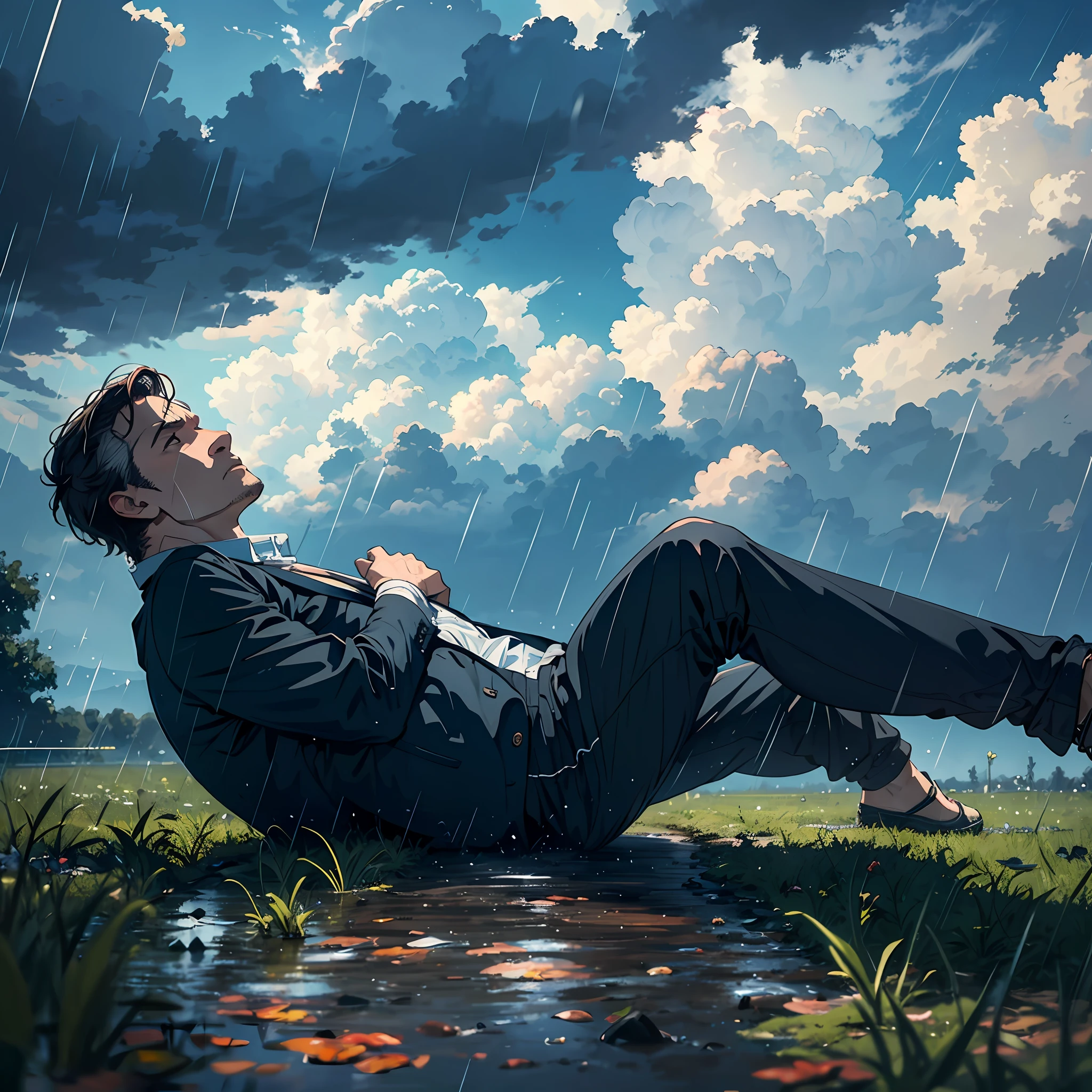 A middle-aged man, lying on the ground, dark clouds, raining, masterpiece of the best quality, 8k, very detailed, high quality, high resolution