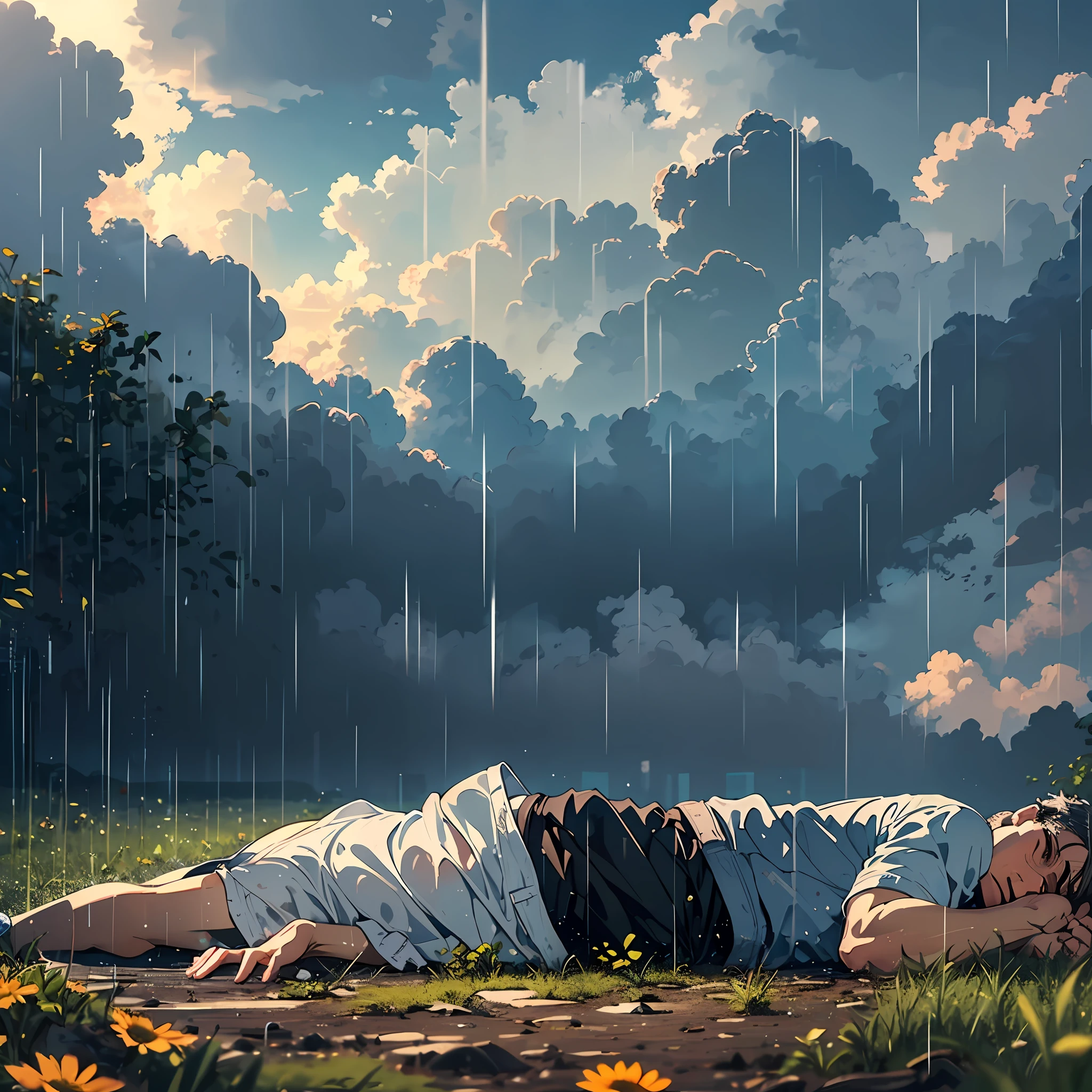 A middle-aged man, lying on the ground, dark clouds, raining, masterpiece of the best quality, 8k, very detailed, high quality, high resolution