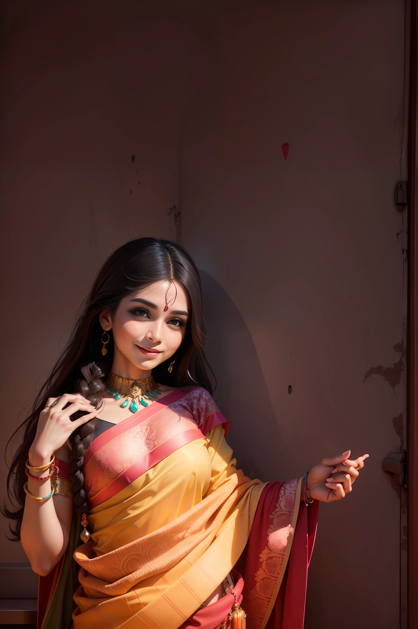 indian , blush on face , smile on face , sexy pose