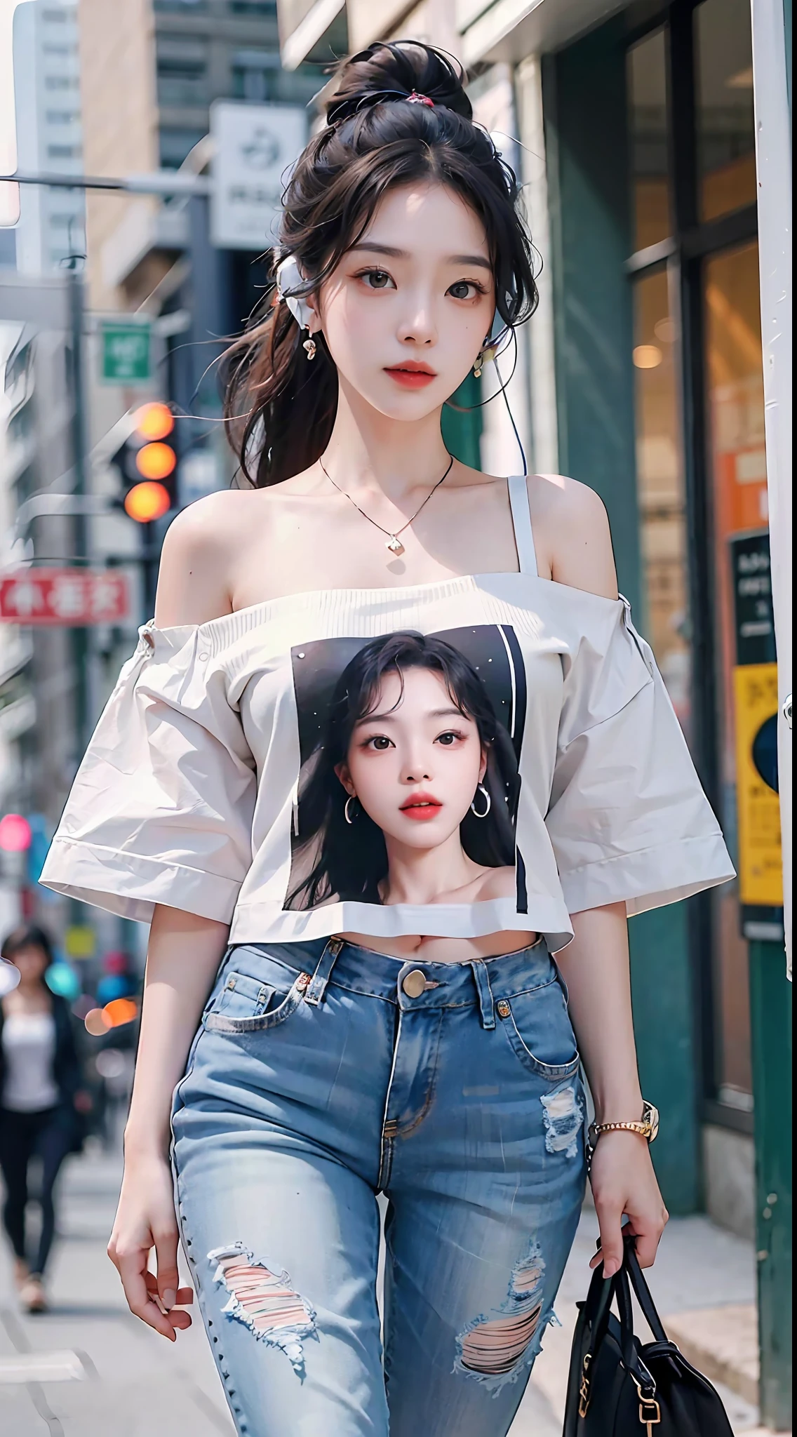 A stylish Chinese beauty, she walks the streets of city high-rise buildings in trendy loose jeans with a stylish printed T-shirt and canvas shoes, (with a trendy bag on one shoulder), (wearing headphones), eyes staring at the camera, kanzashi, long eyelashes, amber eyes, crystal earrings, parted lips, double ponytail hair, hairpins, hair strands, hyper-realistic, close up, f/4.0, 35mm, UHD, retina, masterpiece, high resolution, best quality, 16k