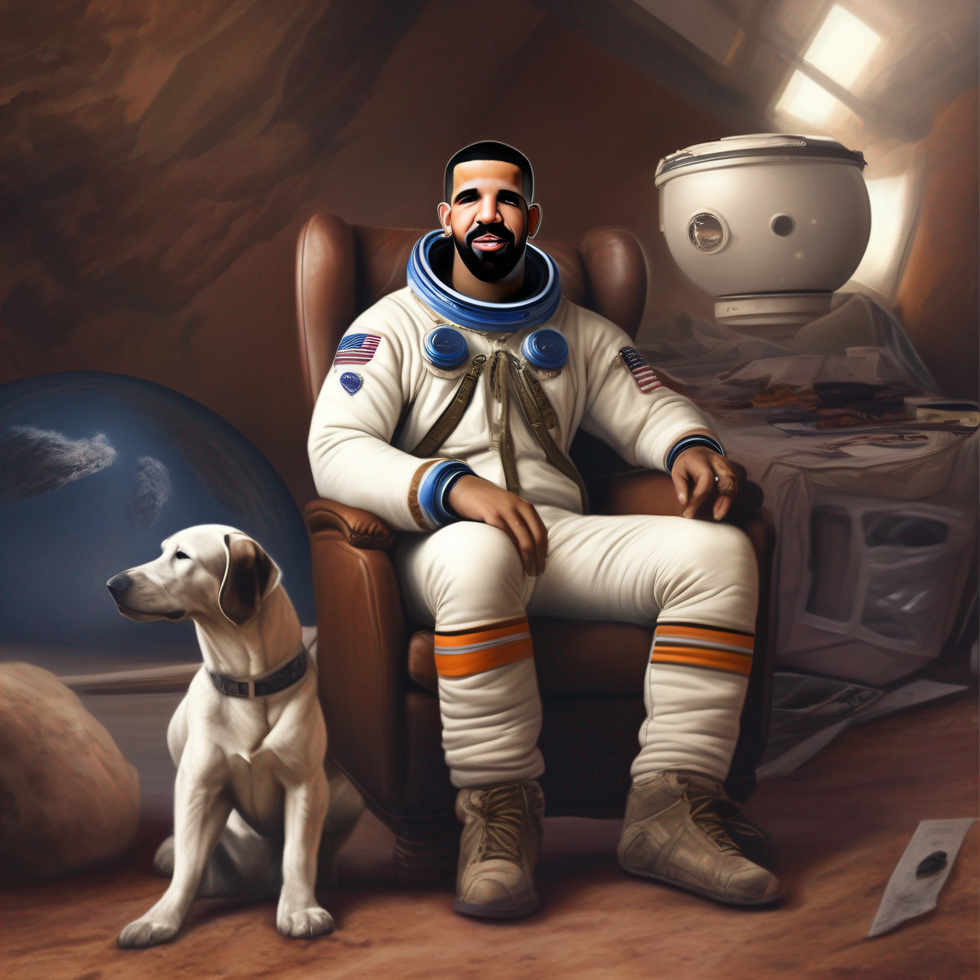 Drake with astronaut sitting on a sweep of his home in Africa, photorealism, ultra high quality