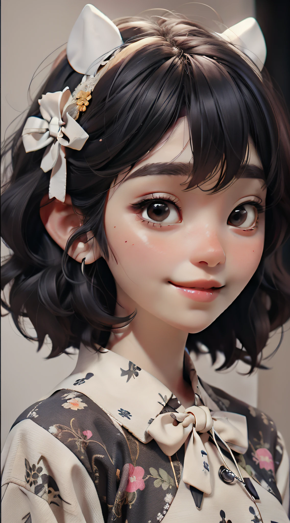 / Imagine Tips: Illustration of short hair girl with black hair and air bangs, big eyes::1, bow, white yarn,::0.8, bright smile::1,3D cartoon::1, full body, front::1, center composition, close-up view, realistic 3D, beautiful lighting, ultra hd, mythical world, Chinese clothing::0.8, fashion photography, high polishing -seed 94967295 --s 800 --q 1.5 --c 65