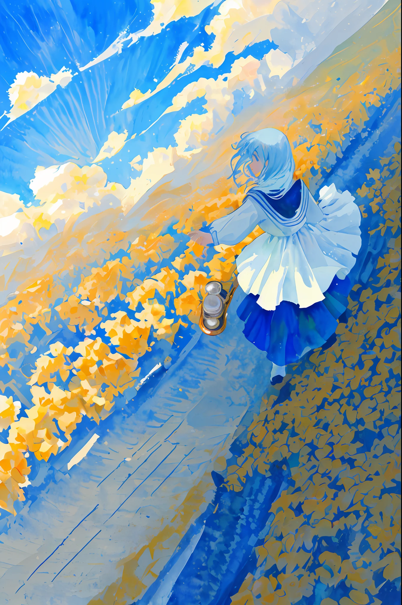 Above Sky Above Clouds Girl Walking Far Away Blue Sky Spreading Watercolor Backlight Film Camera