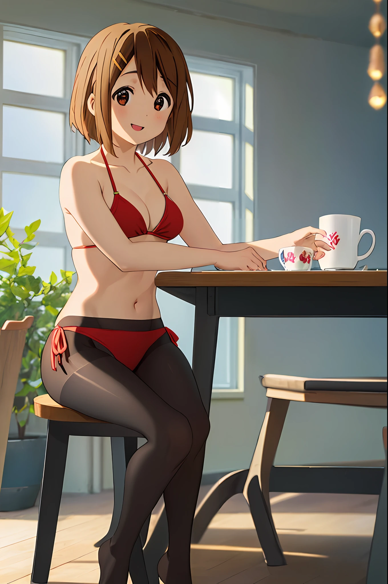 (best quality, masterpiece, high resolution:1.4), (1girl, solo, Yui Hirasawa), (red transparent bikini, pantyhose:1.2), sitting at table with open legs, cup of coffee, smile, caf, windows, sunshine, volumetric lighting, radiosity, perfectionism, post processing, vibrant, max detail, insanely detailed,