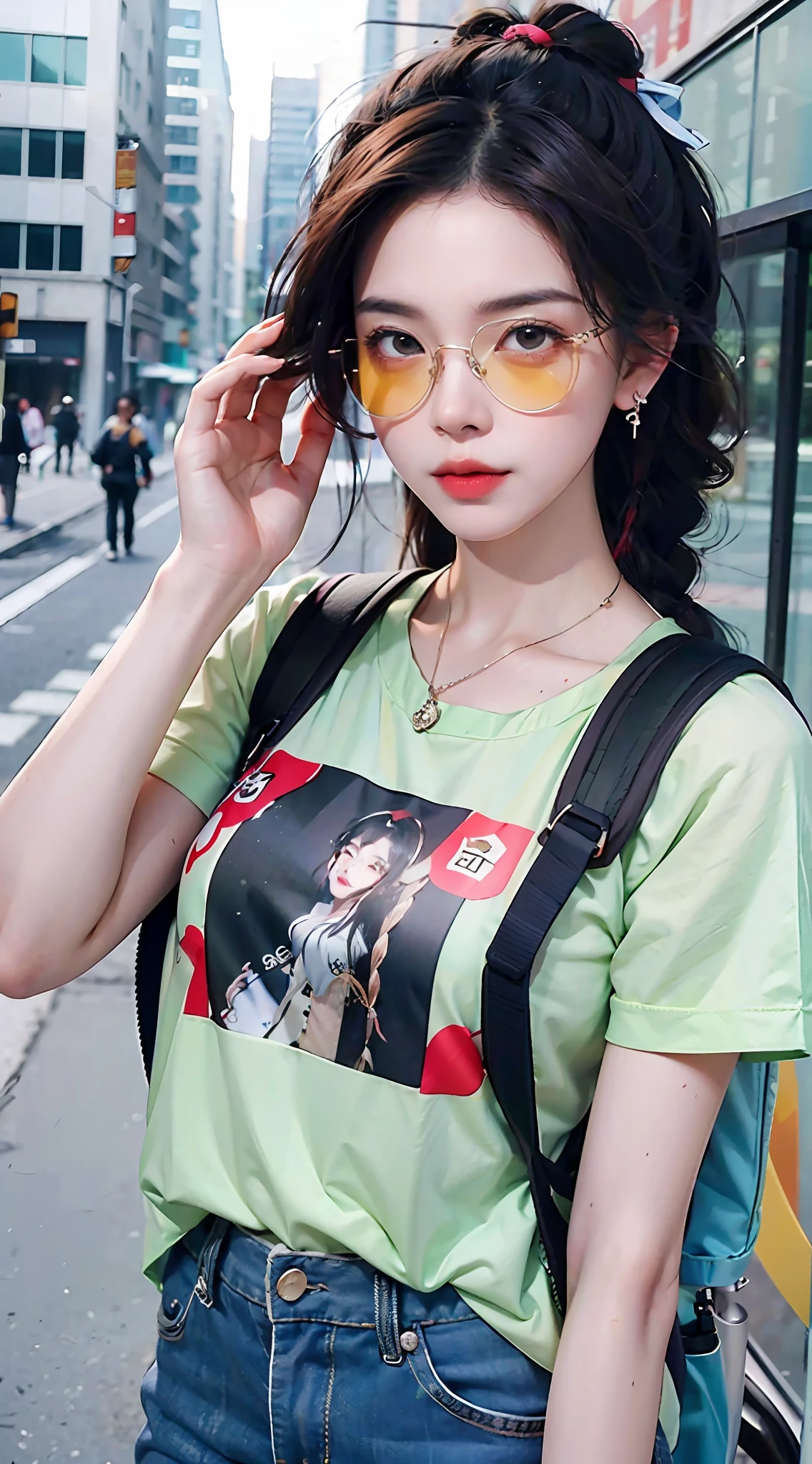 A stylish Chinese beauty, she walks the streets of city high-rise buildings in trendy baggy jeans with a stylish printed T-shirt and canvas shoes, ((carrying a backpack)), eyes staring at the camera, kanzashi, long eyelashes, amber eyes, crystal earrings, parted lips, ((sunglasses)), toad glasses, brown too glasses, ribbon, hair ribbon, hairband, braided ponytail, twin braids, hair, hyper-realistic, close-up, f/4.0, 35mm, UHD, retina, masterpiece, high resolution, best quality, 16k