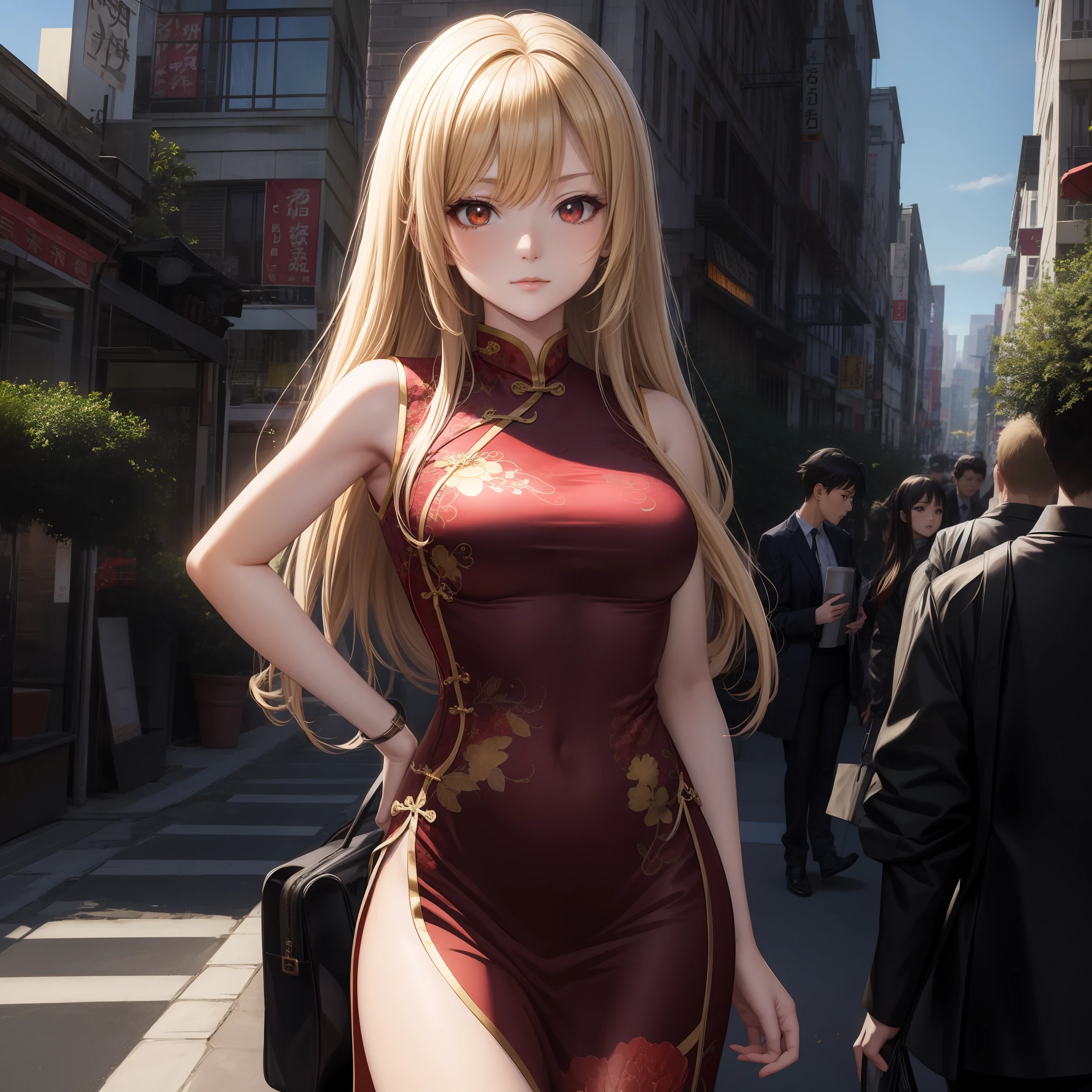 anime, girl, red-eyed blonde girl, cheongsam, one, solo, china building