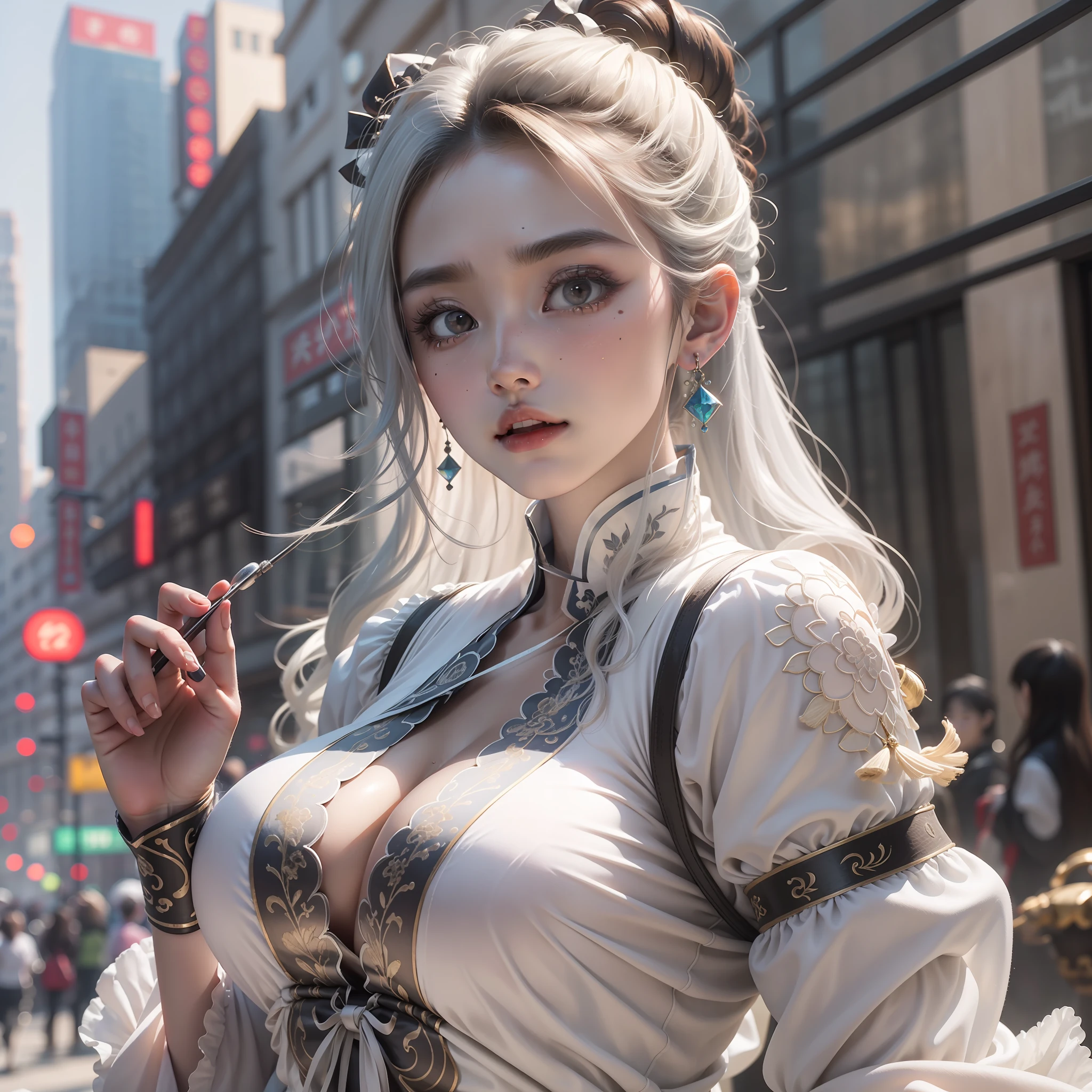 (Best Quality, Masterpiece: 1.2), Ultra High Resolution, Realistic, Front Lighting, Intricate Details, Exquisite Details and Textures, 1girl, Solo, (Young), Facial Highlight, Upper Body, Detail Face, Tear Mole, White Skin, Silver Hair, High Ponytail, Looking at the Audience, Big Eyes, Silk Hanfu, (Openwork Pattern, White, Silk), Earrings, Big Breasts, Slim Figure, Chang'an Avenue, Professional Lighting, Photon Mapping, Light Energy Transfer, Physically Based Rendering,