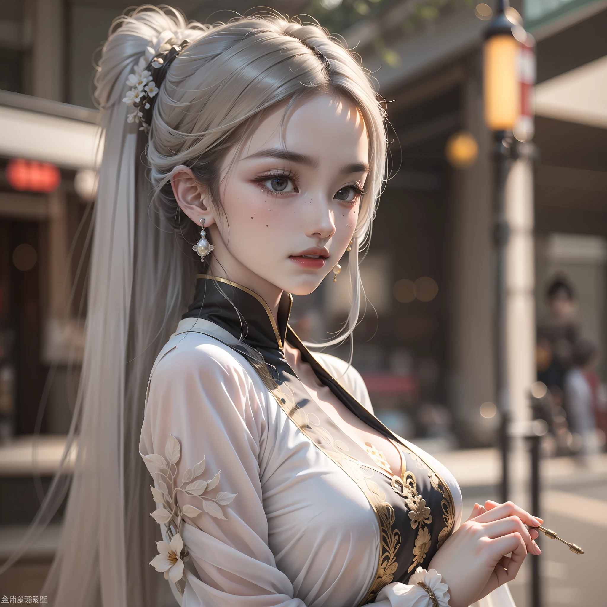 (Best Quality, Masterpiece: 1.2), Ultra High Resolution, Realistic, Front Lighting, Intricate Details, Exquisite Details and Textures, 1girl, Solo, (Young), Facial Highlight, Upper Body, Detail Face, Tear Mole, White Skin, Silver Hair, High Ponytail, Looking at the Audience, Big Eyes, Silk Hanfu, (Openwork Pattern, White, Silk), Earrings, Big Breasts, Slim Figure, Chang'an Avenue, Professional Lighting, Photon Mapping, Light Energy Transfer, Physically Based Rendering,
