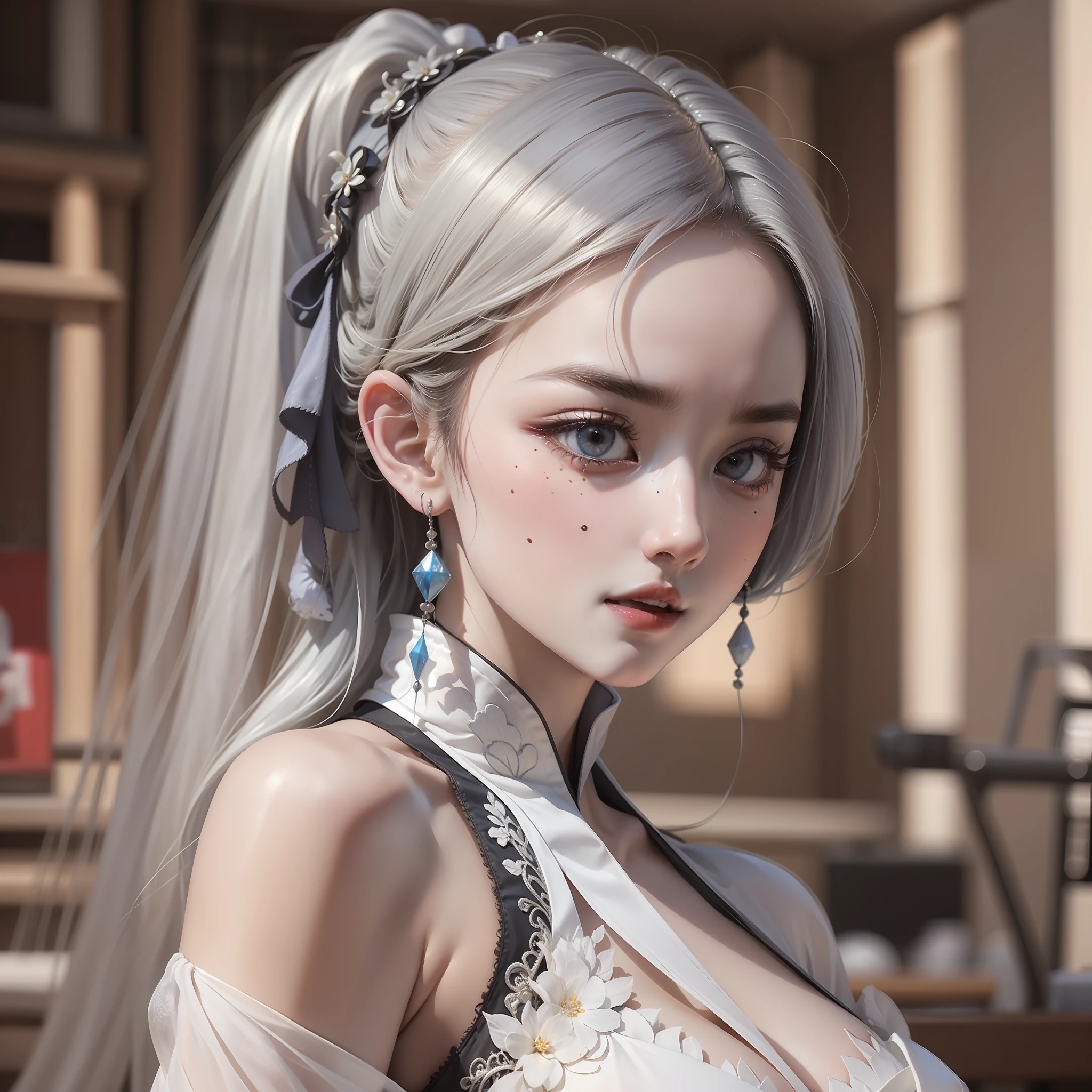 (Best Quality, Masterpiece: 1.2), Ultra High Resolution, Realistic, Front Lighting, Intricate Details, Exquisite Details and Textures, 1girl, Solo, (Young), Facial Highlight, Upper Body, Detail Face, Tear Mole, White Skin, Silver Hair, High Ponytail, Looking at the Audience, Big Eyes, Silk Hanfu, (Openwork Pattern, White, Silk), Earrings, Big Breasts, Slim Figure, Chang'an Avenue, Professional Lighting, Photon Mapping, Light Energy Transfer, Physically Based Rendering,