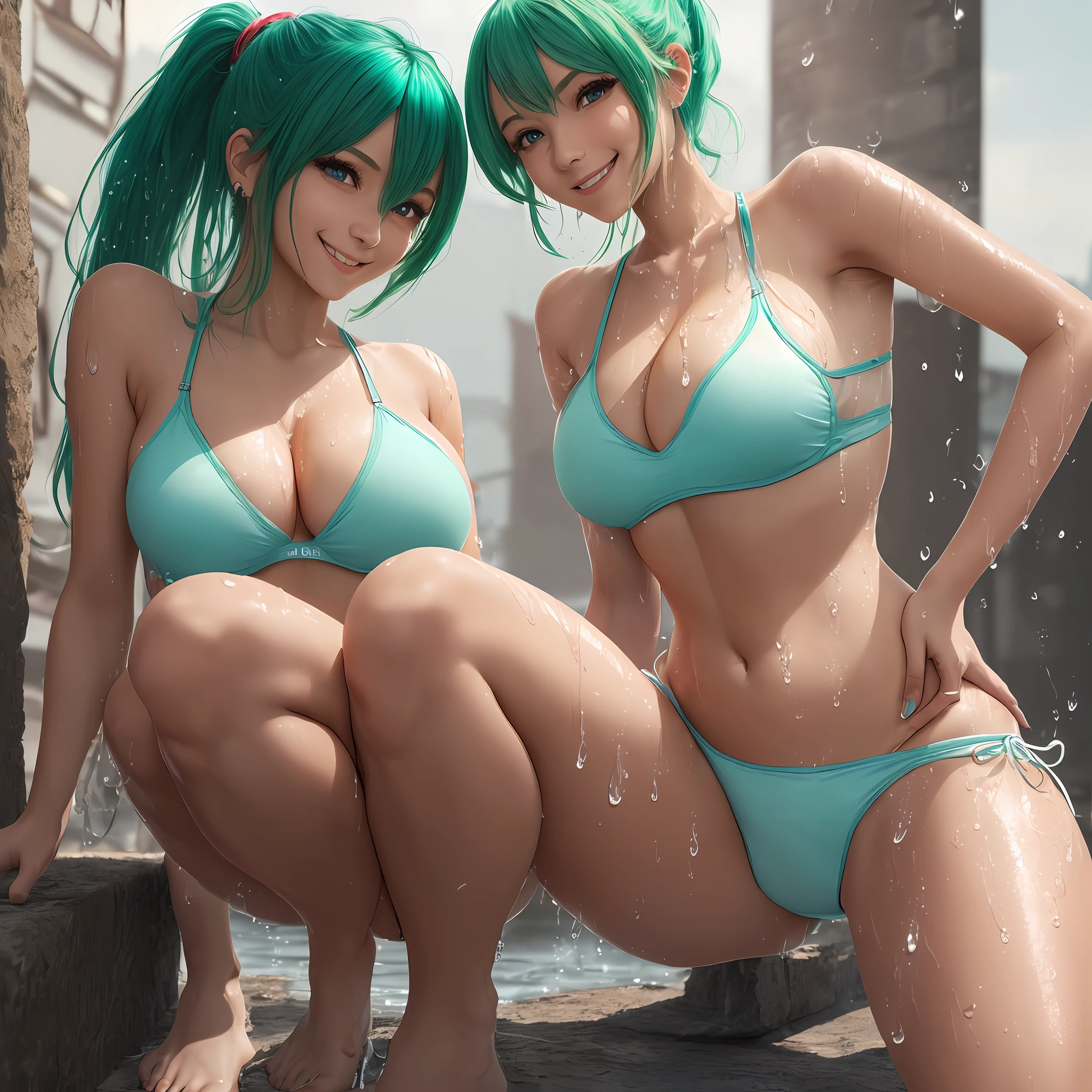 Top quality, masterpiece, photo, very delicate and beautiful, highly detailed CG, Unity, 8k wallpaper, real photo, fine detail, , very detailed CG Unity 8k wallpaper, absurd, super detailed, high resolution, beautiful detailed girl, highly detailed eyes and face, real live action, denim, slit, mini skirt, beautiful detailed eyes, ((different clothes with very shiny)), one girl, full body, View viewer,((Light green hair)), blue eyes,((blissful)), most detailed background, ((((Cosplay)), 22 years old, Green, see-through, (smile), Ponytail, Wet skin, Water drops,Light blue panties, Bikini panties (pubic shape), white shorts, Bikini shorts, belly button out, Super mini skirt, Low rise, Japan persons, Thighs, Shoulder straps, ( nipple shape clearly visible), perfect body, squat, (open crotch), sexy pose, sexy look, sexy shot, front pose, looking at camera, --auto