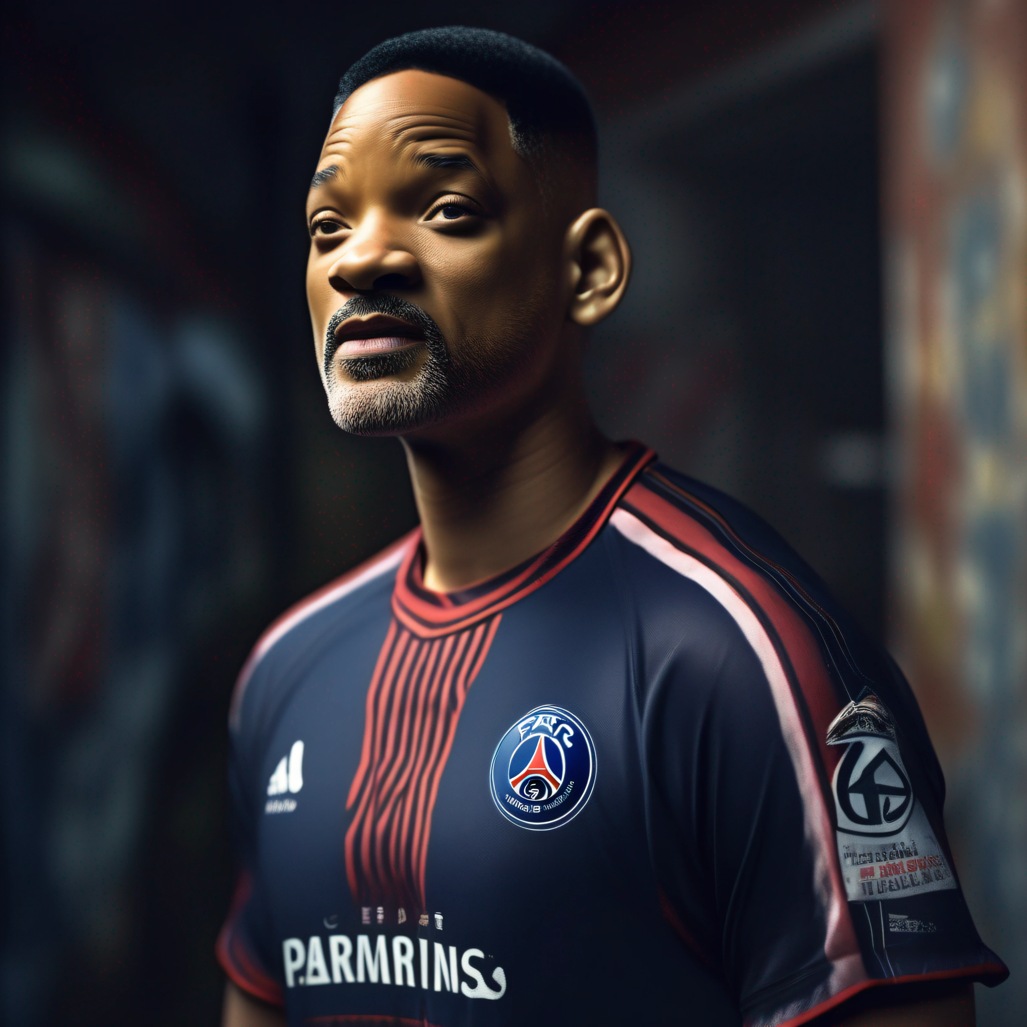 Will Smith com camiseta clube de futebl PSG, fotorealismo, ultra high quality, close-up