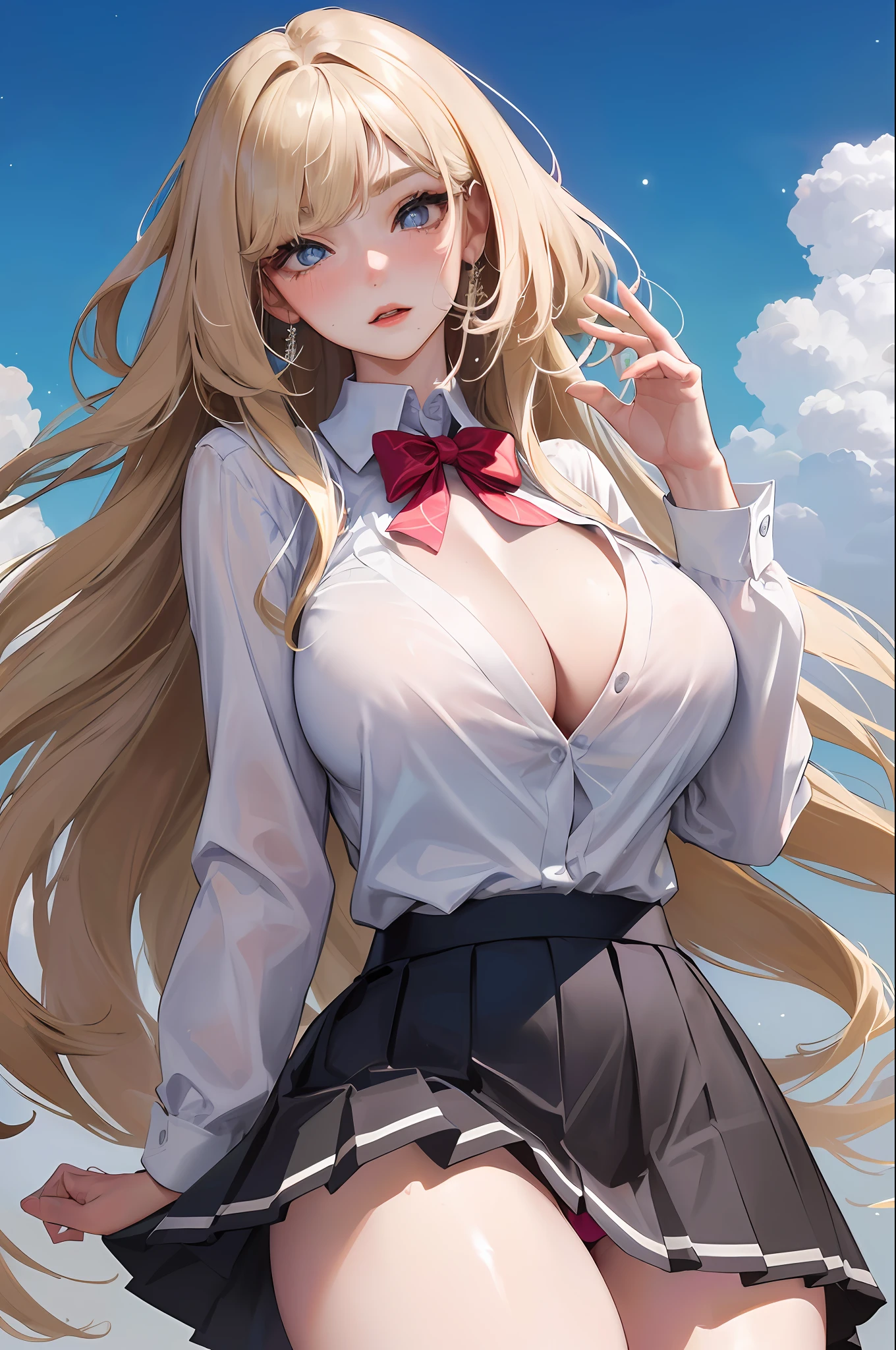official art, masterpiece, sharp focus, (beautiful gorgeous cute Korean woman:1.3), (beautiful cute korean:1.3), korean beauty, Delicate and beautiful hair and eyes and face, realistic, ultra detailed, beautiful girl, blue sky, glow white particle, (sidelighting:1.2), slender, Lovely, very huge breasts and wide hips, massive breasts, pink blush on breasts, holding breasts panty under skirt, ((shy and aroused)), looking at viewer, scenery, long straight hair, sexy facial expression, dynamic hair, long straight hair, detailed platinum blond hair, glow blue eyes, (grey pleated skirt+unbuttoned shirt), pale skin, at school
