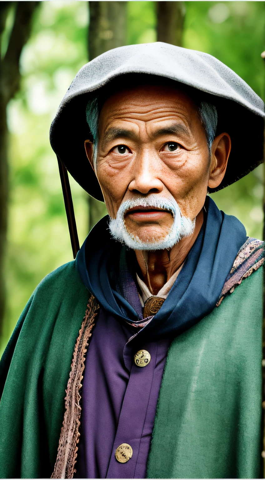 Portrait photography style, world masterpiece, super unique high professional digital art, film format, hyper-realism, color cinematography with ultra-fine details and quality, background is deep in the forest, an old man in rural China, an old man with wisdom. He wears an old cloak and his eyes are kind and shrewd. He was looking forward, his skin had been blackened and powerful by the sun and rain, and the wrinkles were fixed on the corners of his mouth and forehead, making it seem that his years had precipitated. Although wearing a dark gown, although simple in appearance, it exudes sublime wisdom and a sense of tenacity of strength.